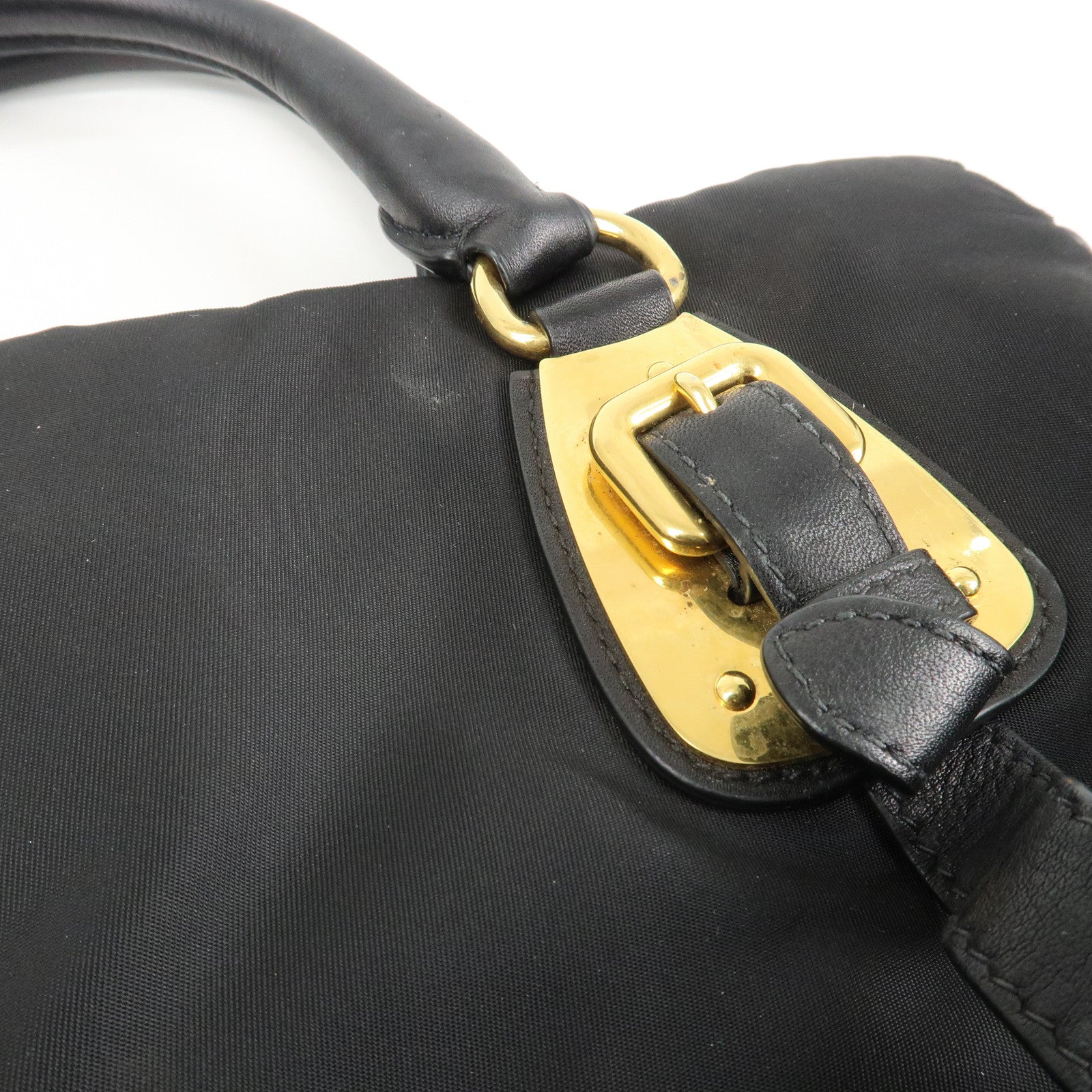 PRADA Logo Nylon Leather 2Way Shoulder Bag Black Gold HDW BN1903 Used