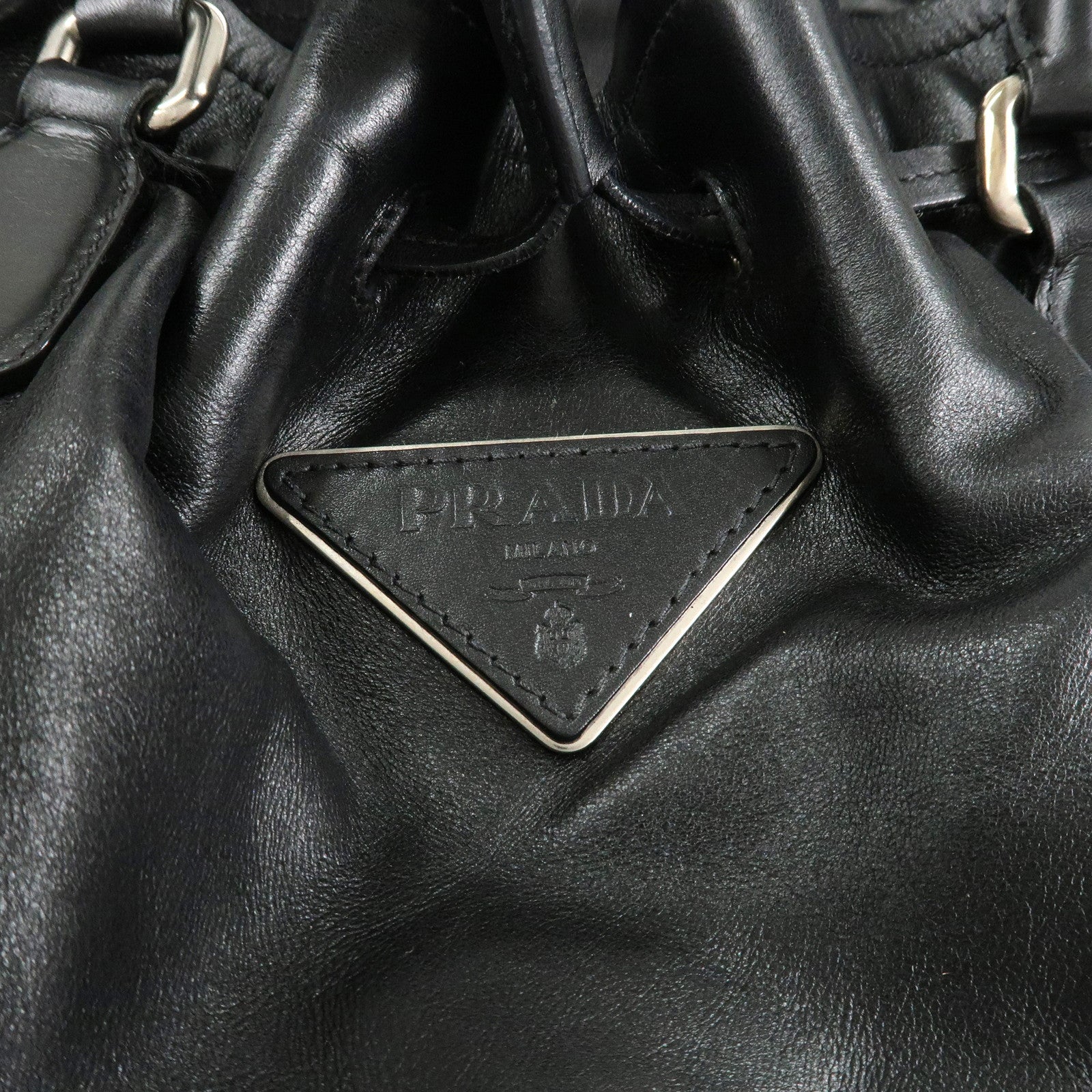 PRADA Triangle Logo Leather Tote Bag Black Used