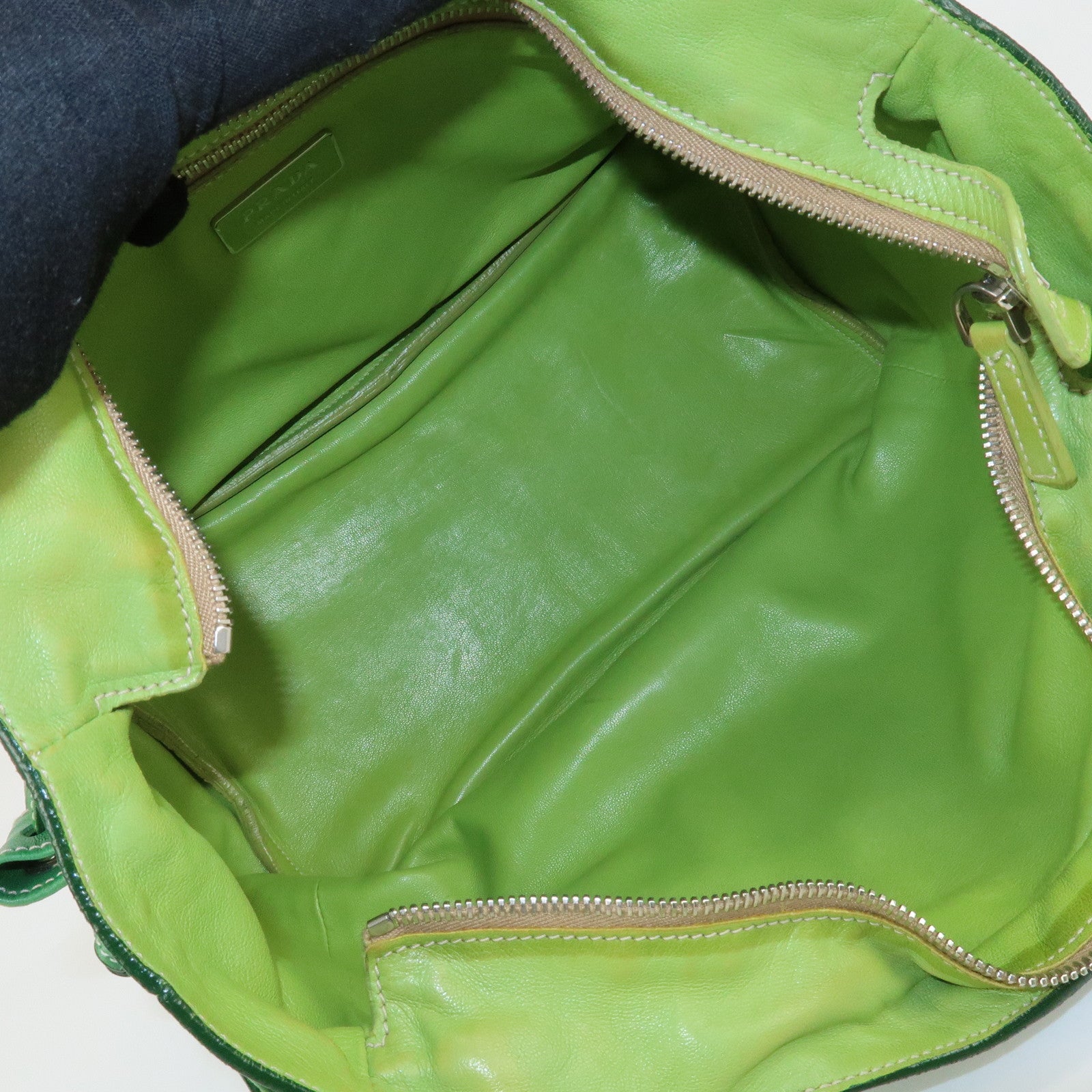 PRADA Logo Leather Tassel Shoulder Bag Hand Bag Green Used