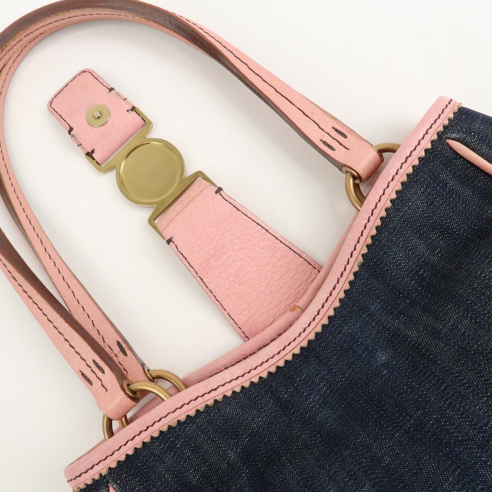 MIU MIU Denim Leather Indigo 2Way Tote Bag Shoulder Bag Pink Used