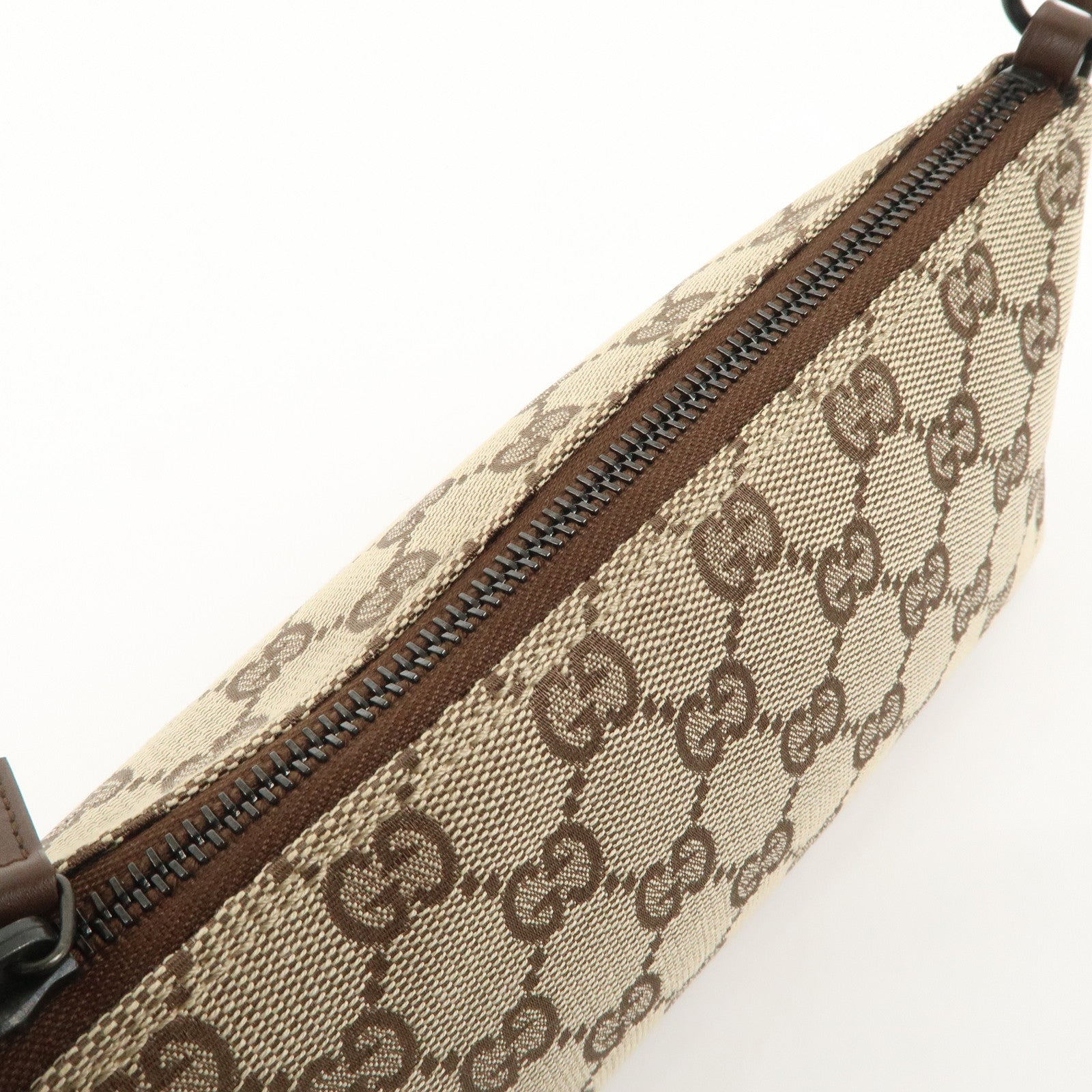 GUCCI GG Canvas Leather Hand Bag Pouch Beige Brown 103399 Used