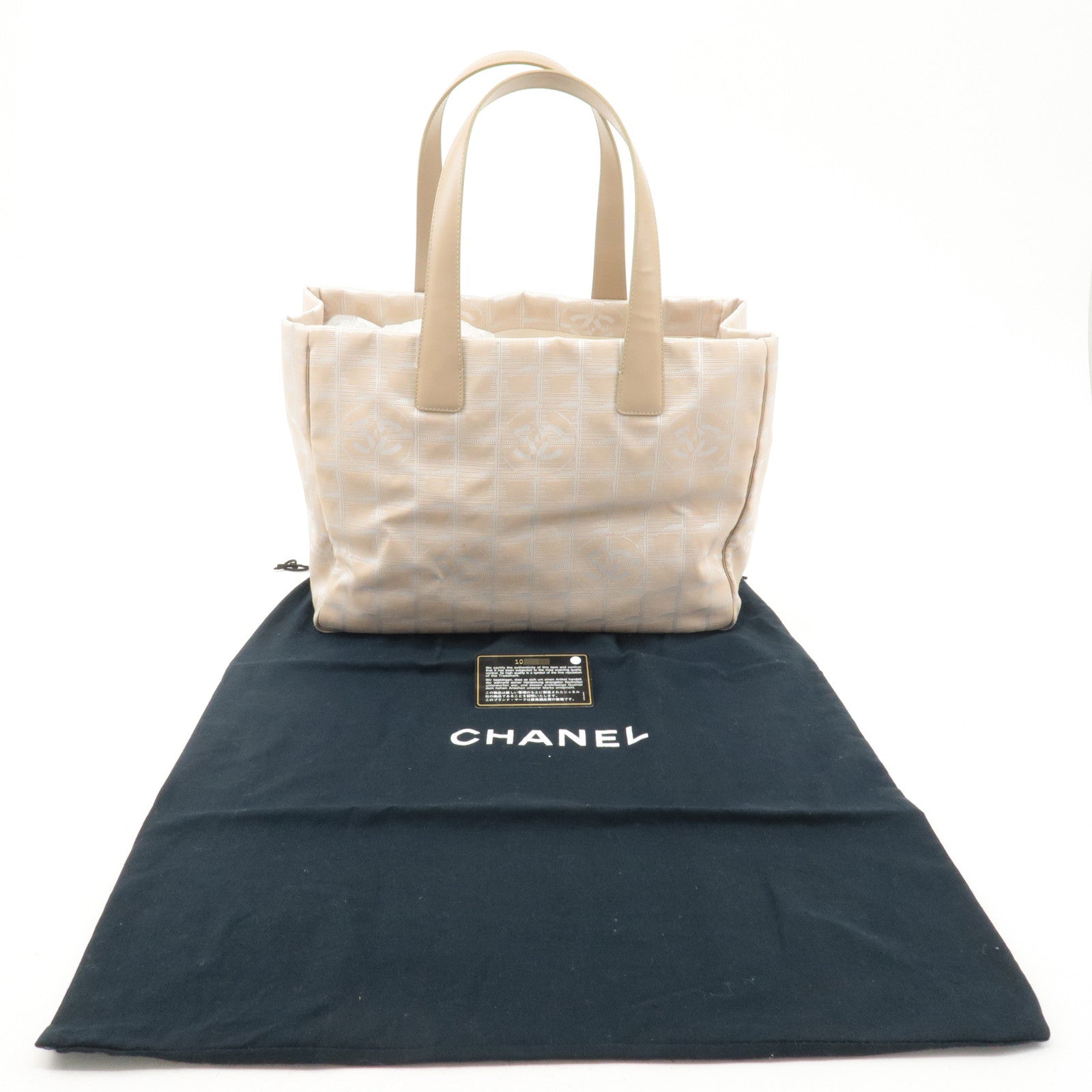 CHANEL Travel Line Nylon Jacquard Leather Tote MM Bag Beige A15991