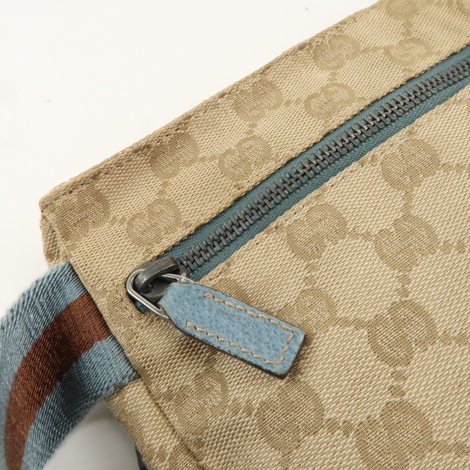 GUCCI Sherry GG Canvas Leather Waist Bag Beige Blue 28566