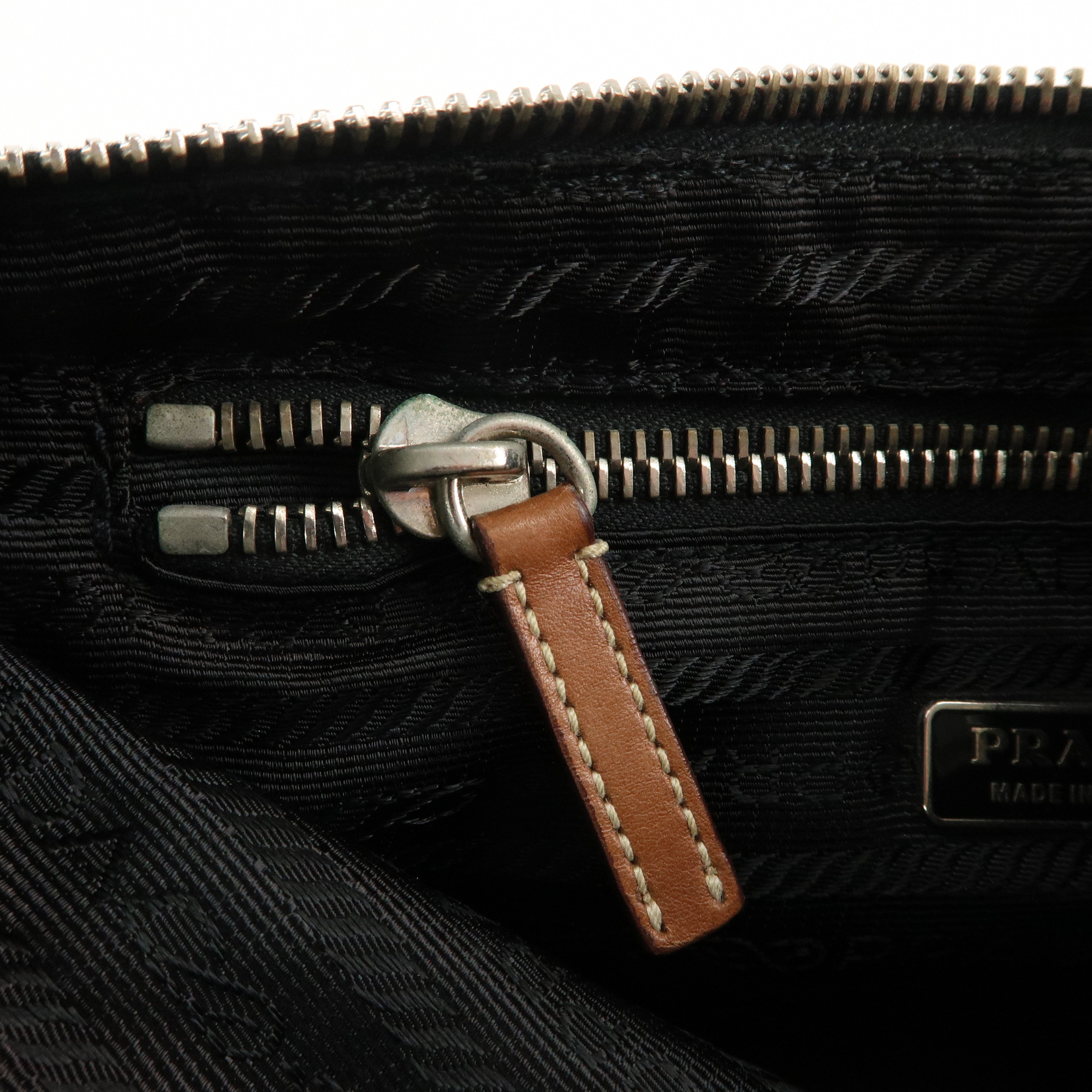 PRADA Nylon Leather Shoulder Bag Black Brown BR2206