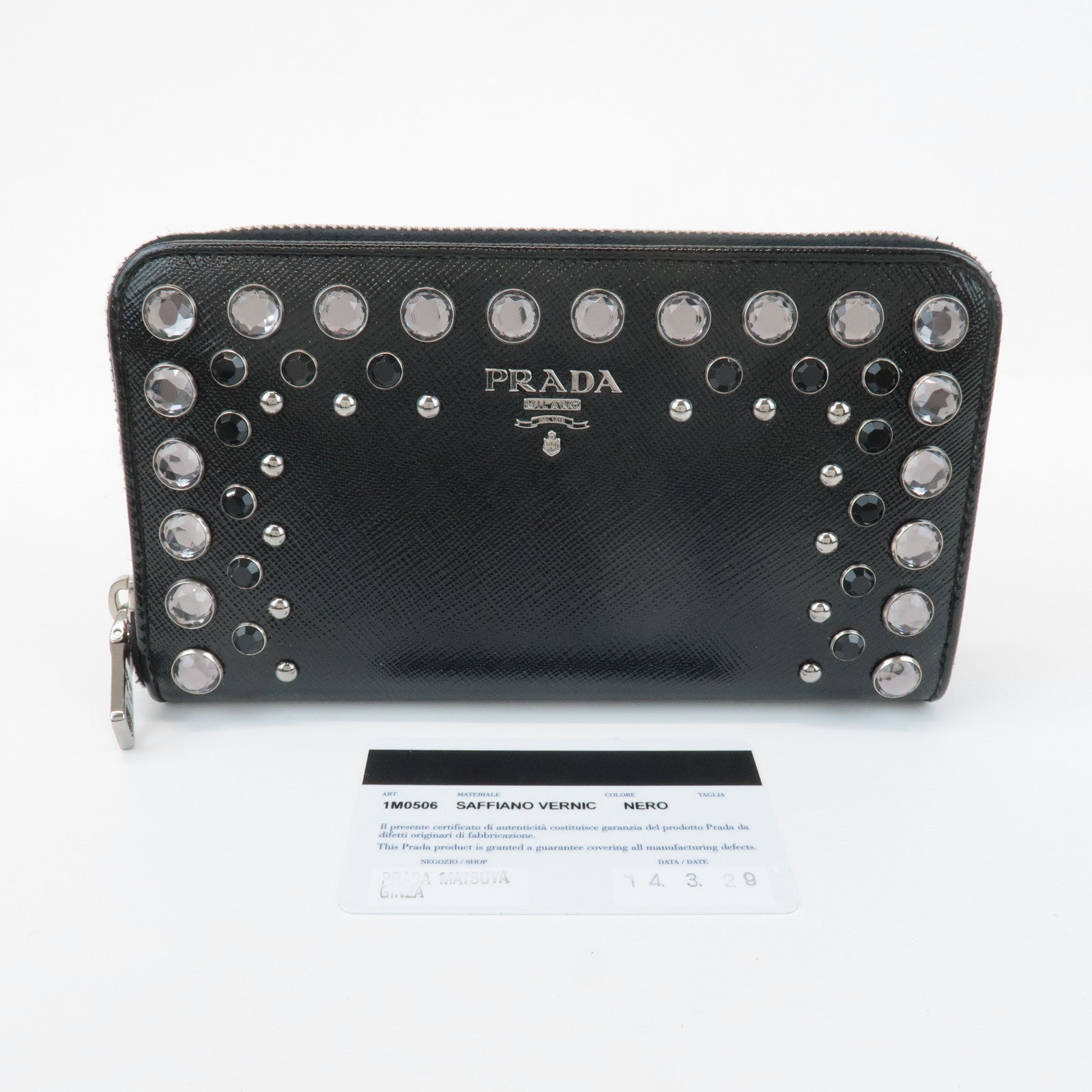 PRADA Saffiano Leather Bijou Studs Round Zipper Long Wallet 1M0506 Used