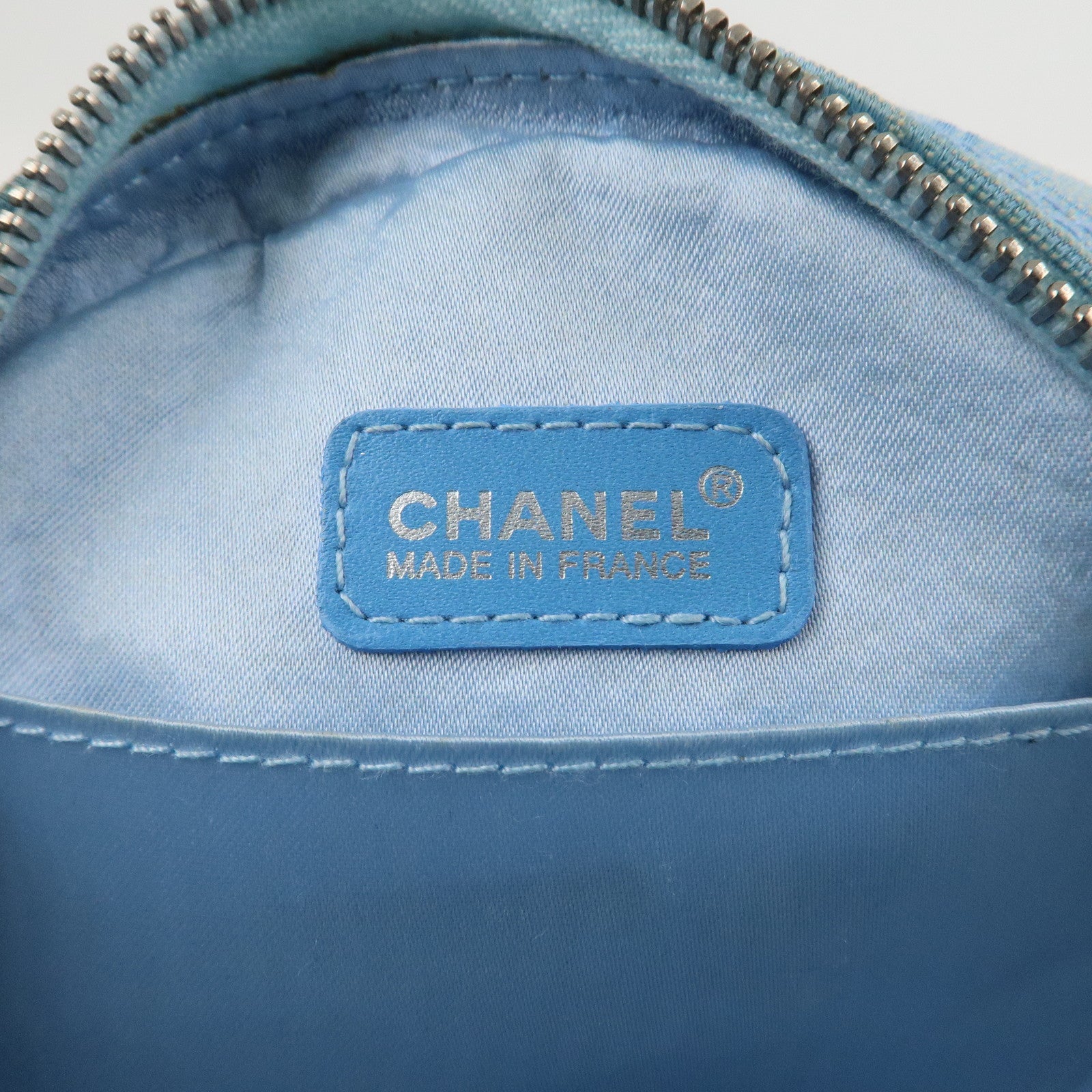 CHANEL New Travel Line Nylon Jacquard Leather Pouch Blue A17682 Used