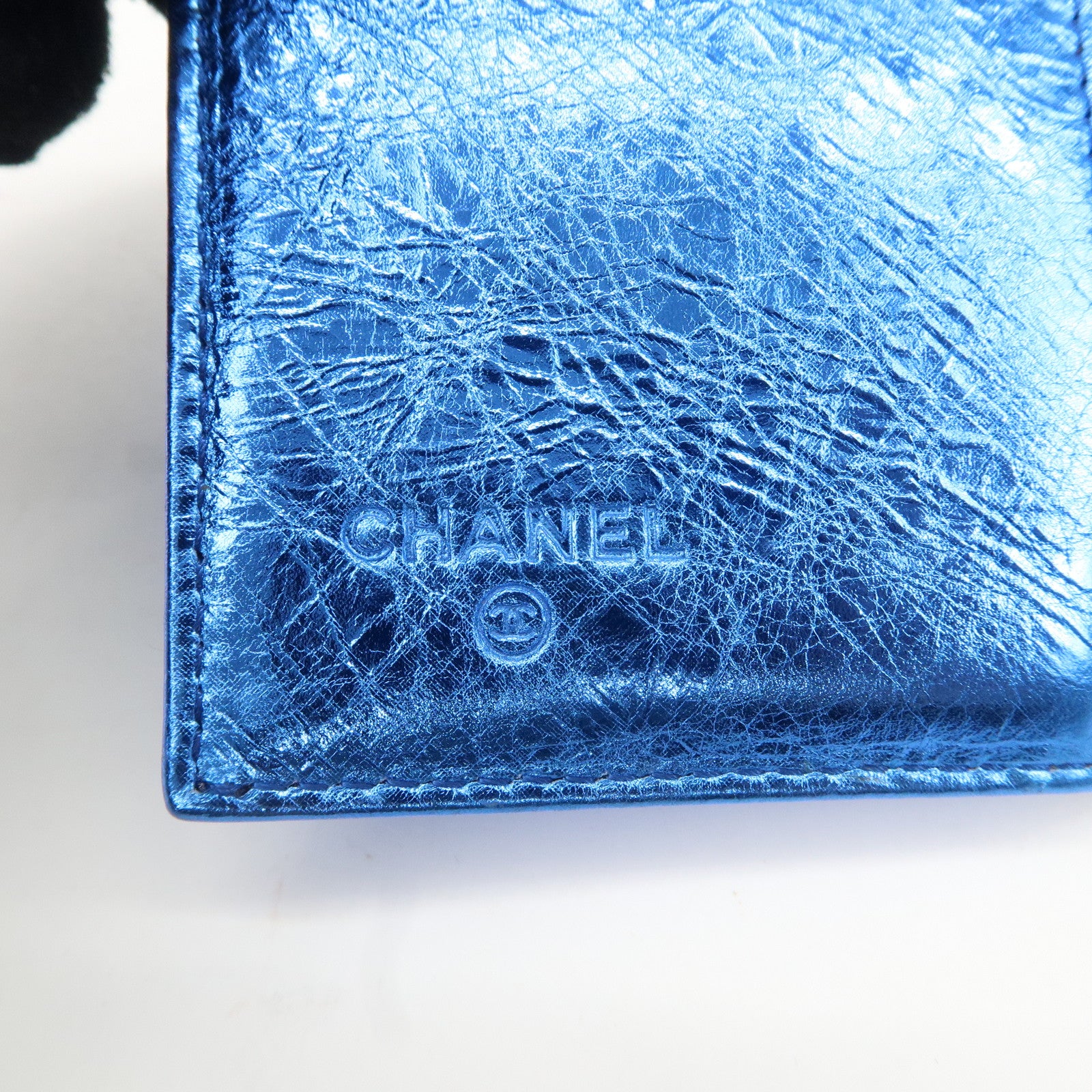 CHANEL Ribbon COCO Mark W Hook Tri-Fold Compact Wallet Blue Used