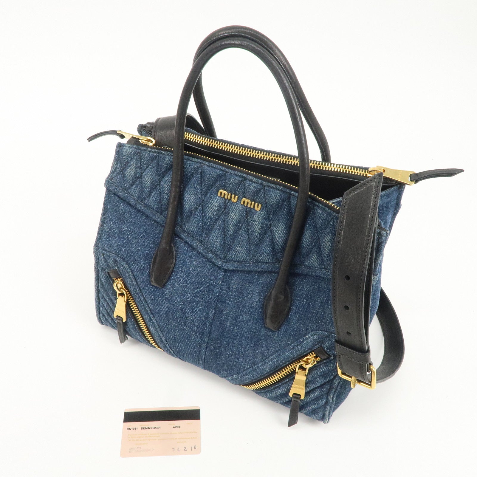 MIU MIU Denim Leather Biker 2WAY Bag Blue Black RN1031