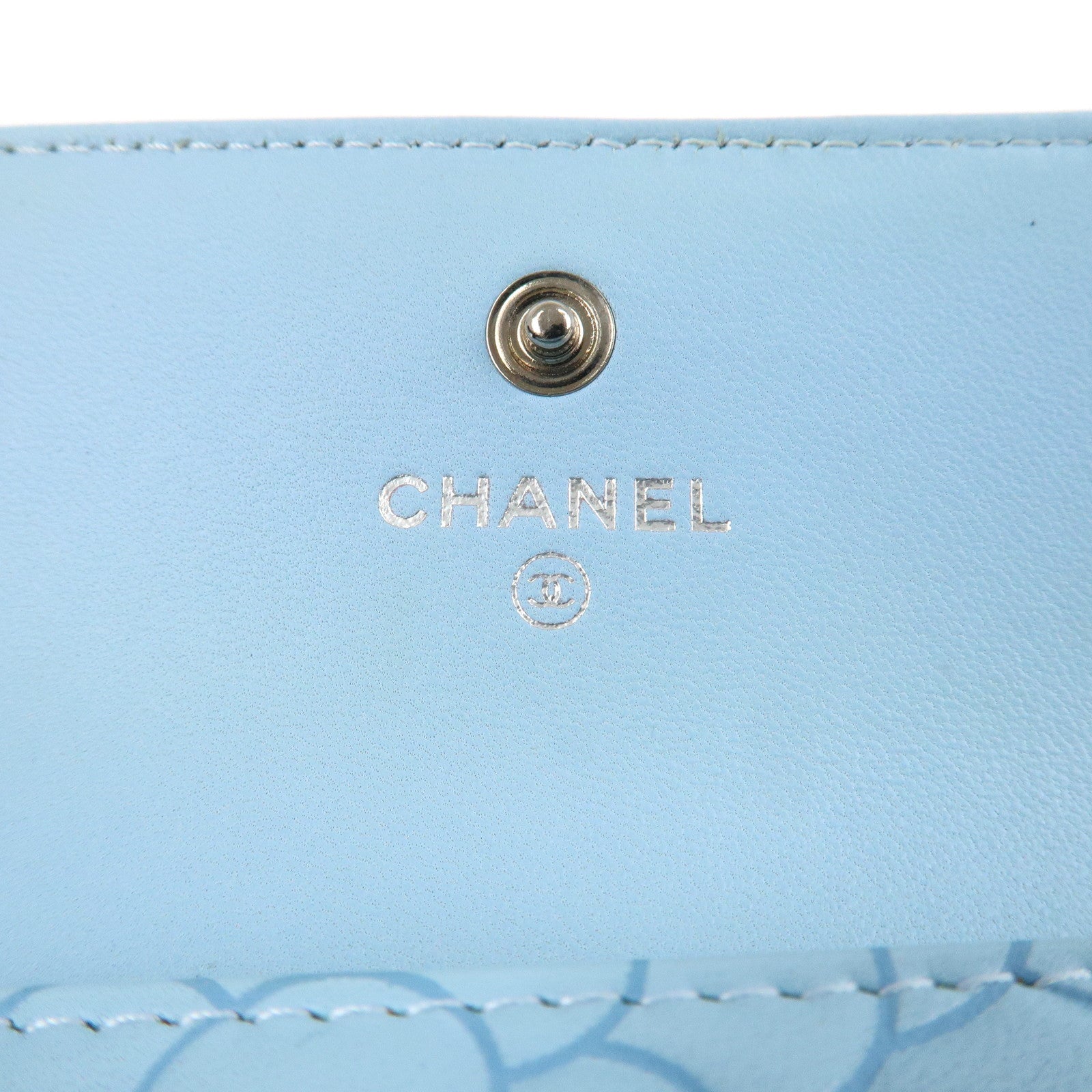 CHANEL Camelia Lamb Skin Bi-fold Wallet Blue Used