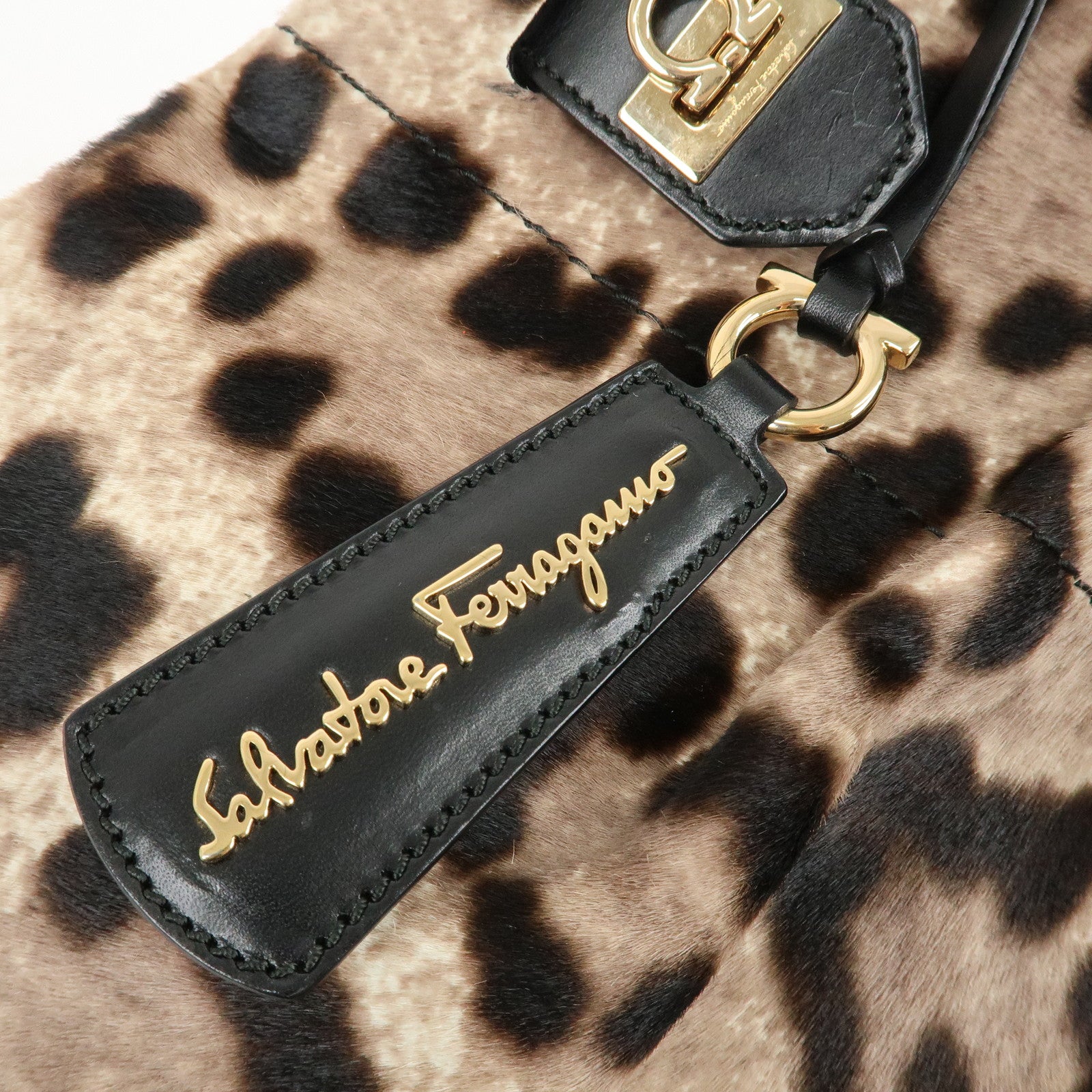 Ferragamo Gancini Unborn Calf Leather 2Way Bag Leopard Hand Bag Used