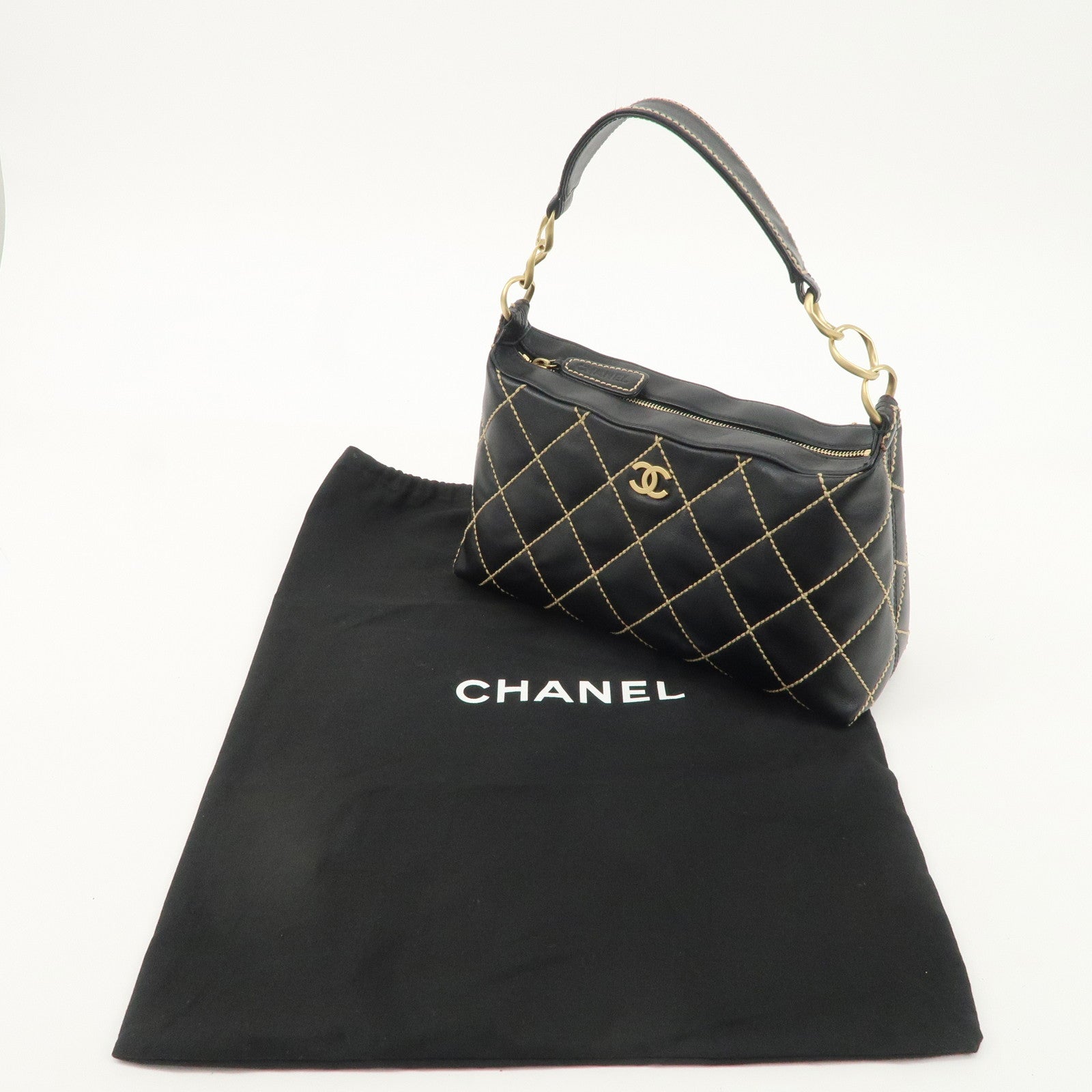 CHANEL Wild Stitch Lamb Skin Shoulder Bag Hand Bag Black A20663 Used