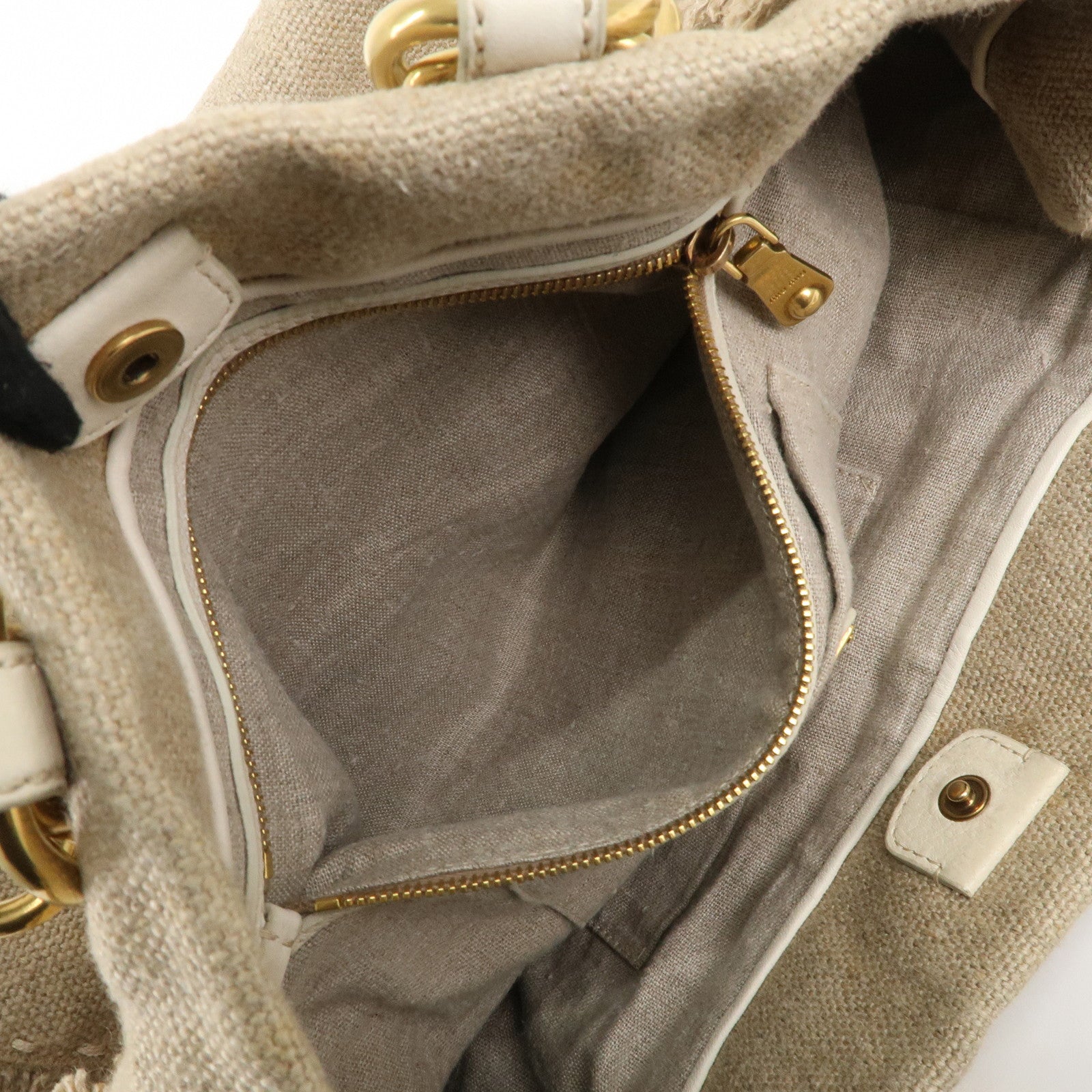 MIU MIU Canvas Leather Tote Bag Beige Gold Hardware