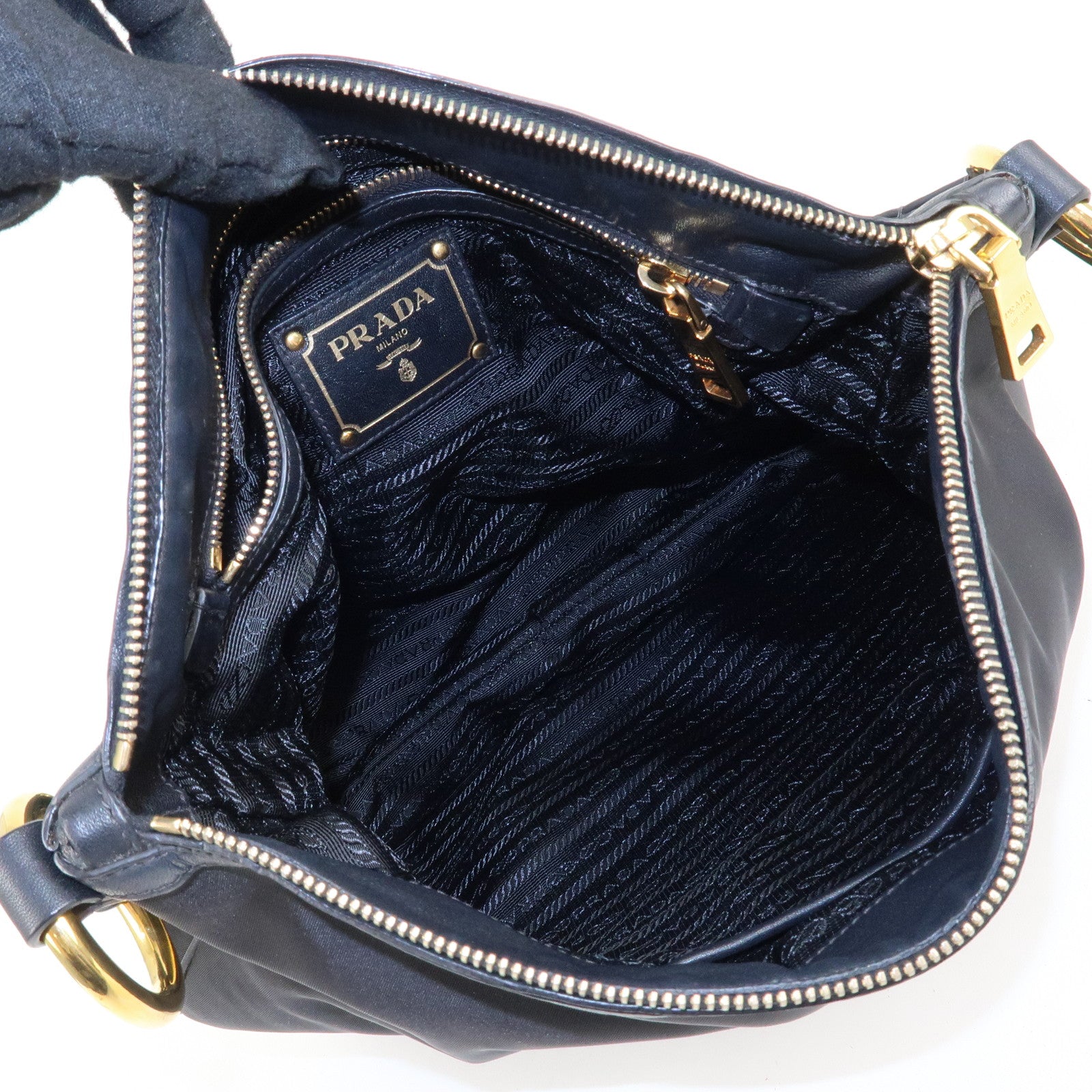 PRADA Nylon Leather Shoulder Bag Black Gold Hardware