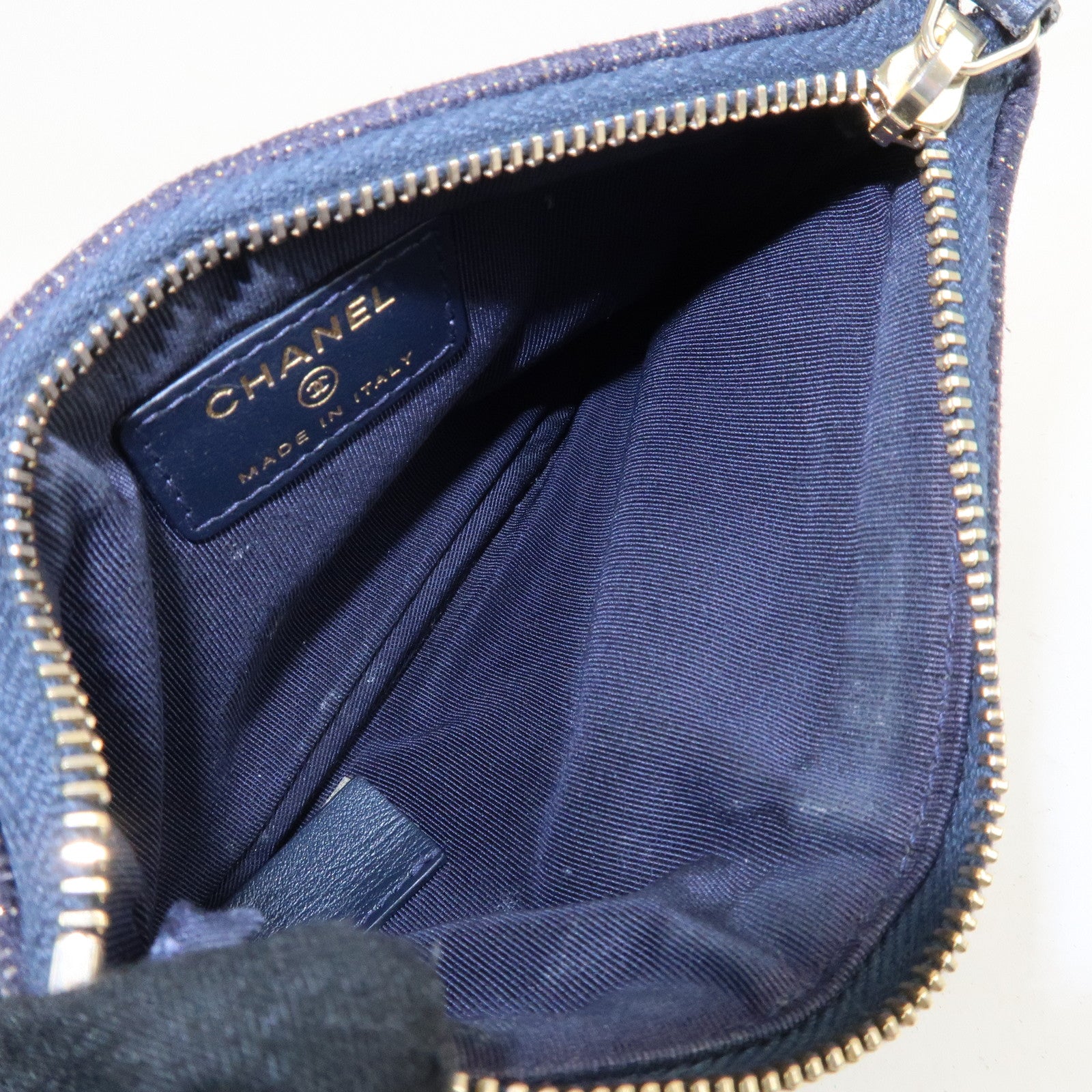 CHANEL Deauville Tweed Leather Pouch Coin Pouch Navy Gold Used