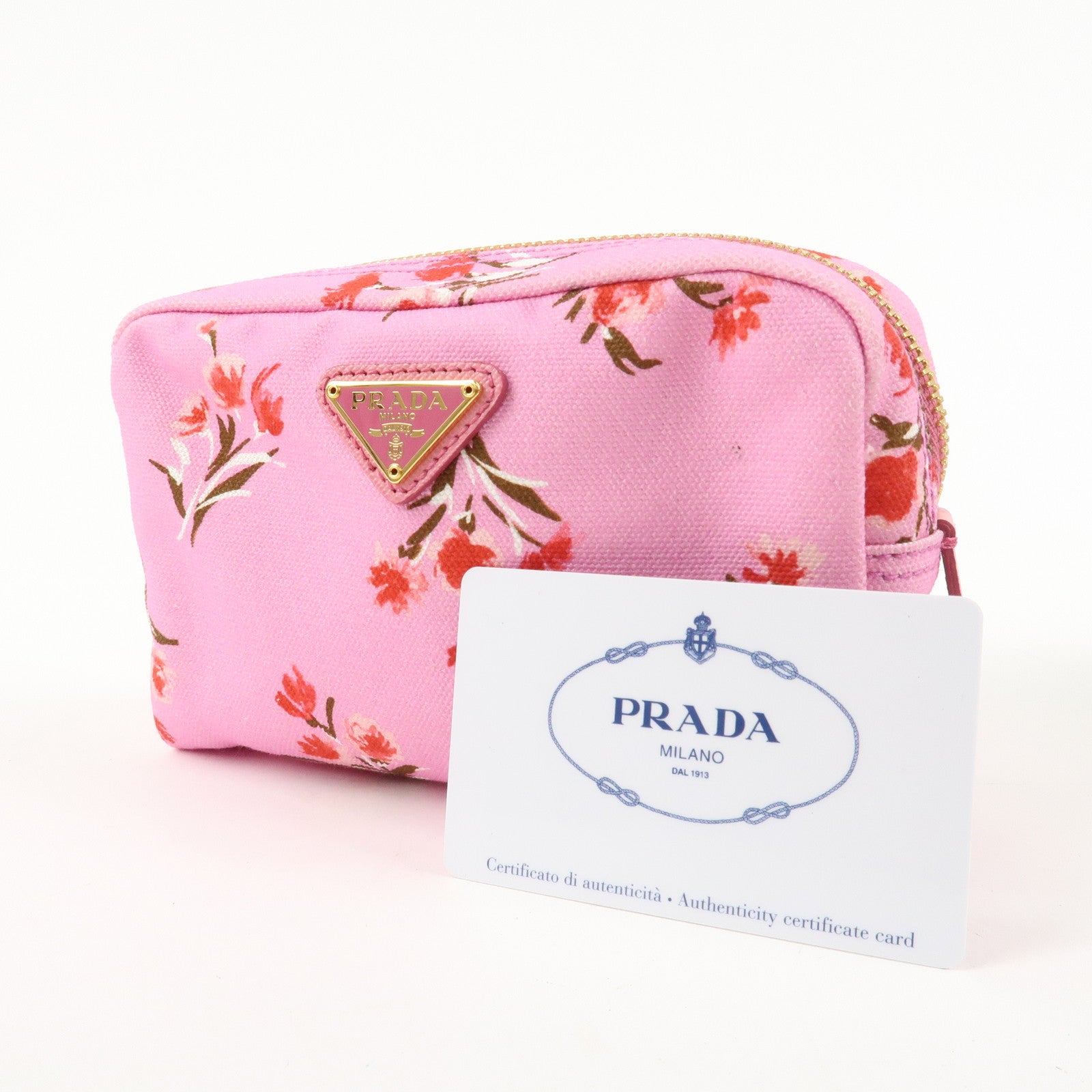 PRADA Canapa Canvas Leather Cosmetic Pouch Flower 1NA021 Pink Used