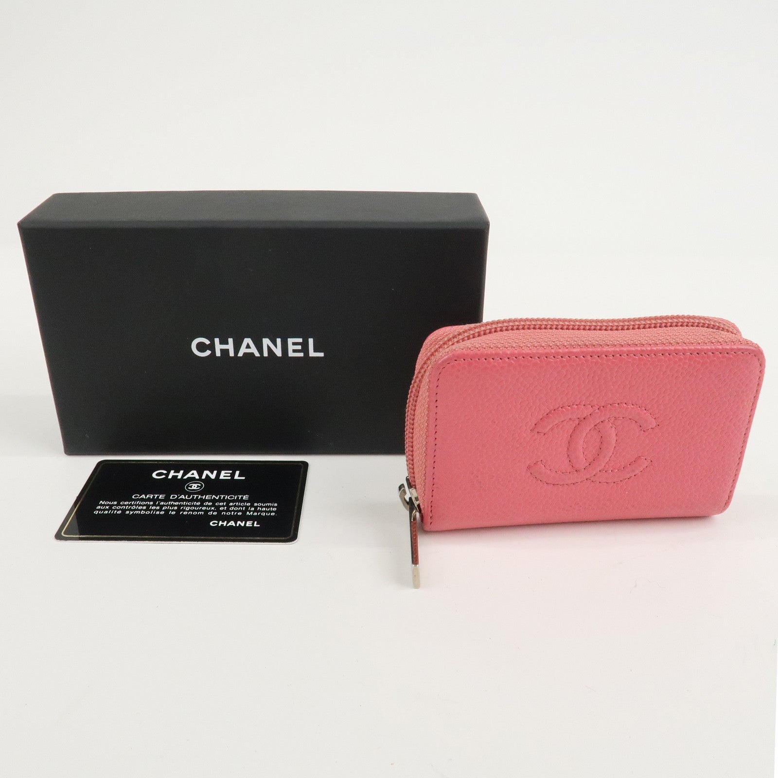 CHANEL Caviar Skin Round Zipper Coin Case Wallet Pink A68890 Used