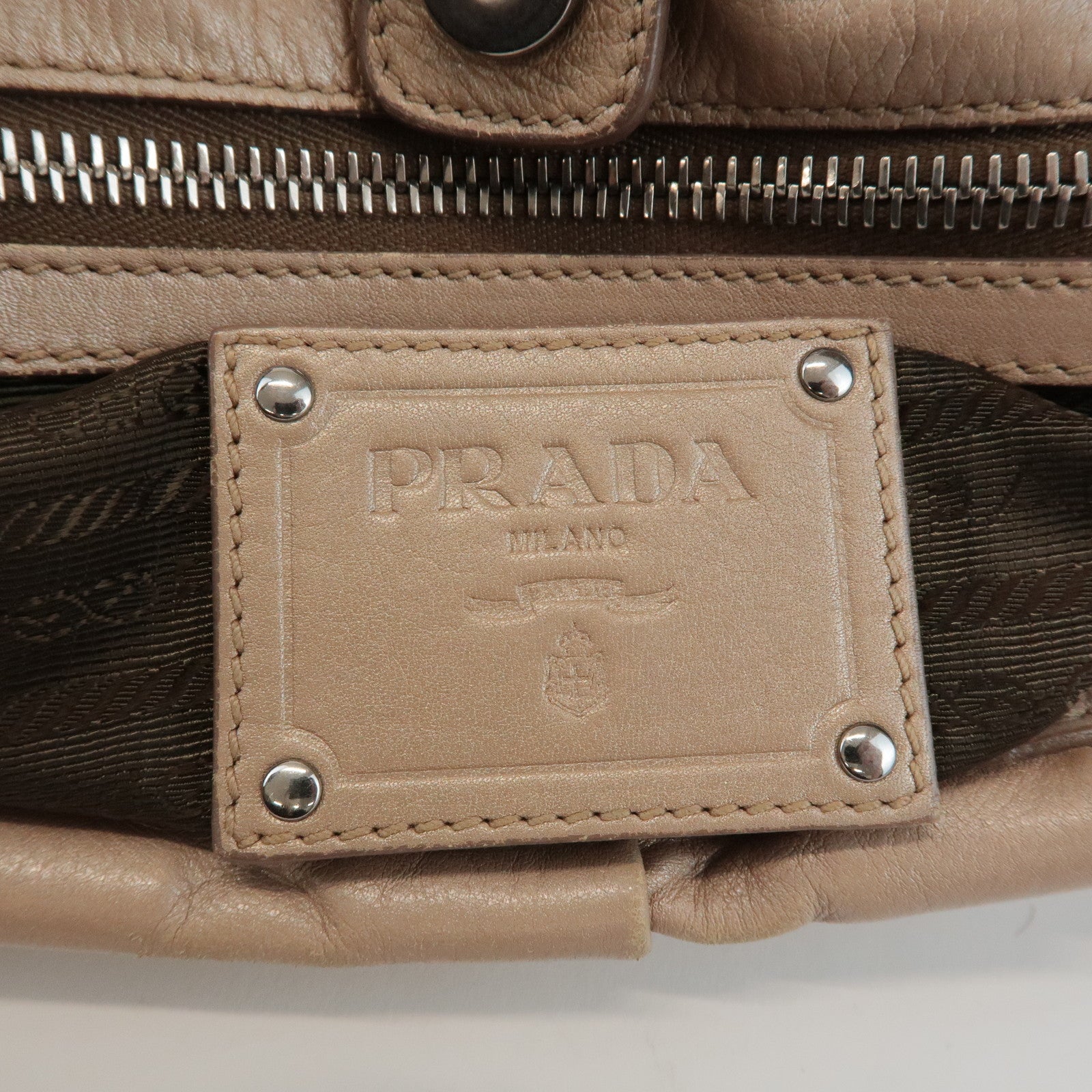 PRADA Leather Shoulder Bag Hand Bag Champaign Beige BR3975 Used