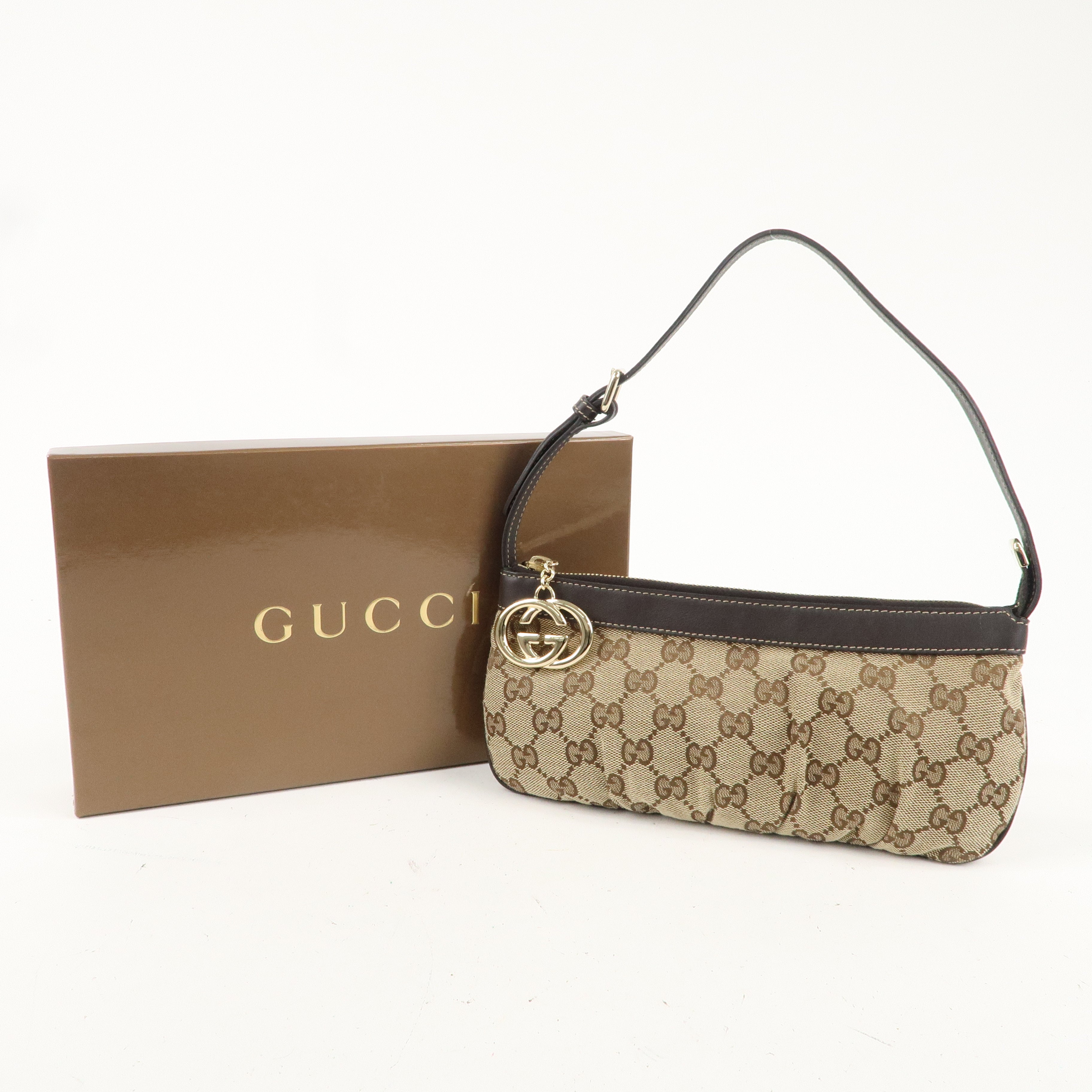 GUCCI GG Canvas Leather Shoulder Bag Hand Bag Beige Brown 212122