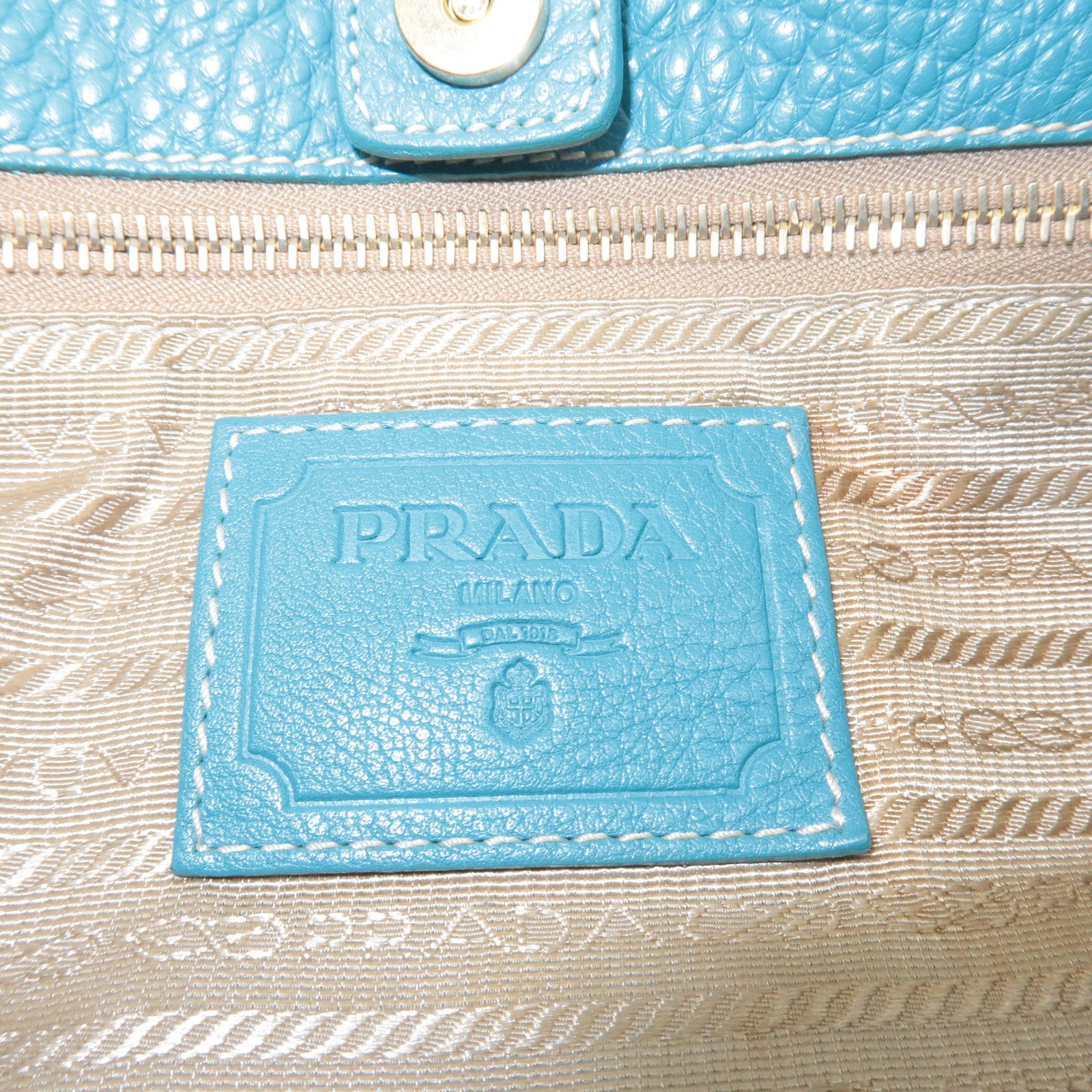 PRADA Logo Jacquard Leather Tote Bag Hand Bag Beige Light Blue