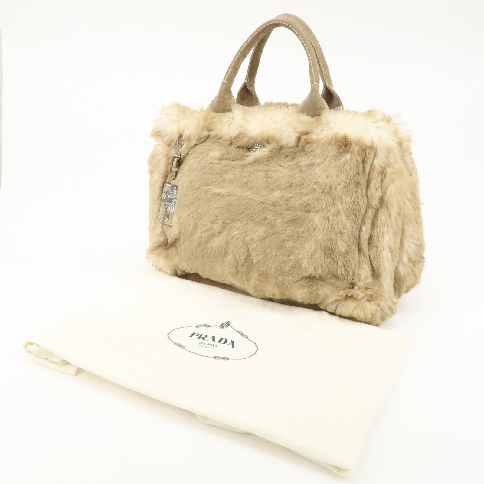 PRADA Eco Lapin Fur Suede Canapa Large Tote Bag Beige BN1918 Used