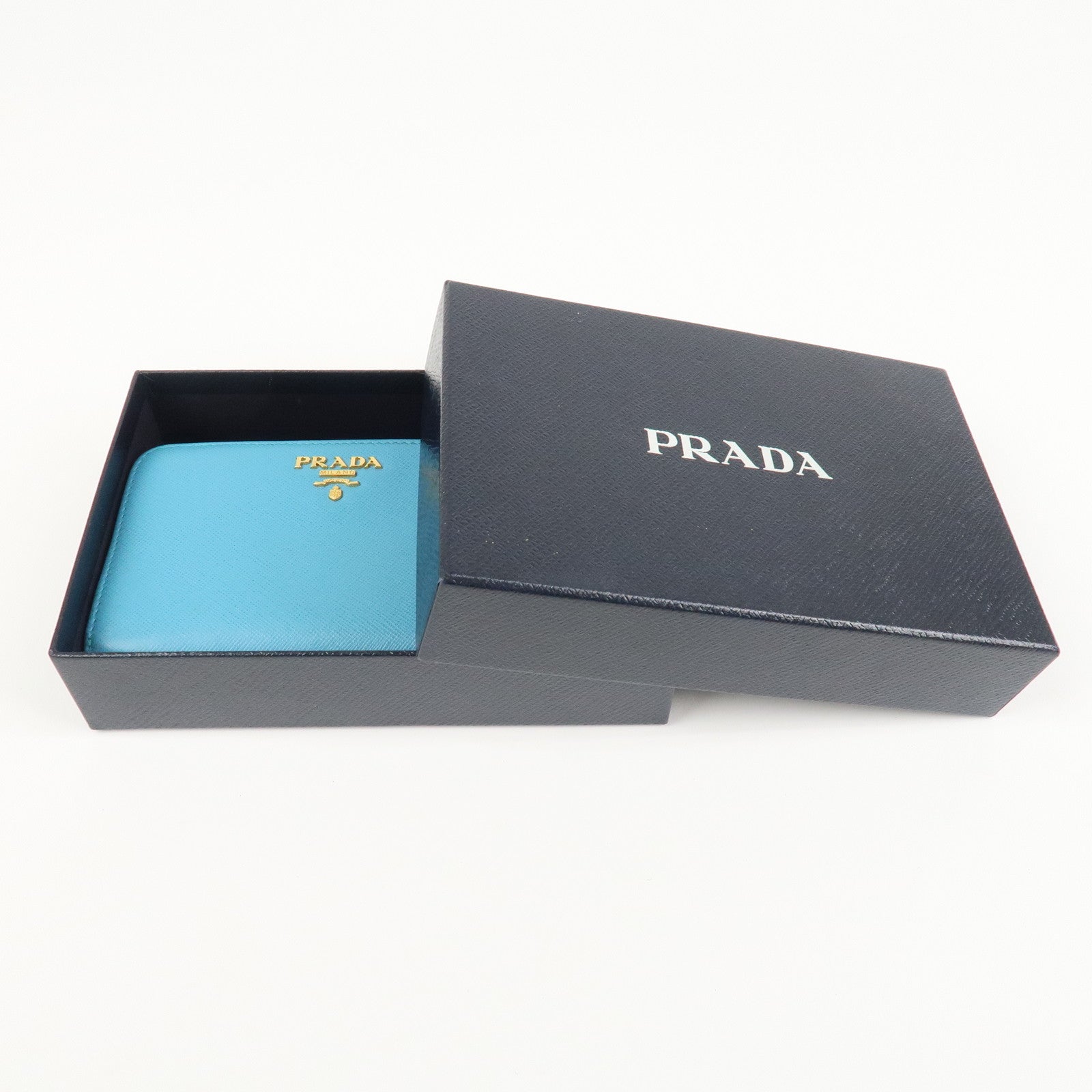 PRADA Logo Leather Bi-Fold Wallet Purse Light Blue 1ML225 Used