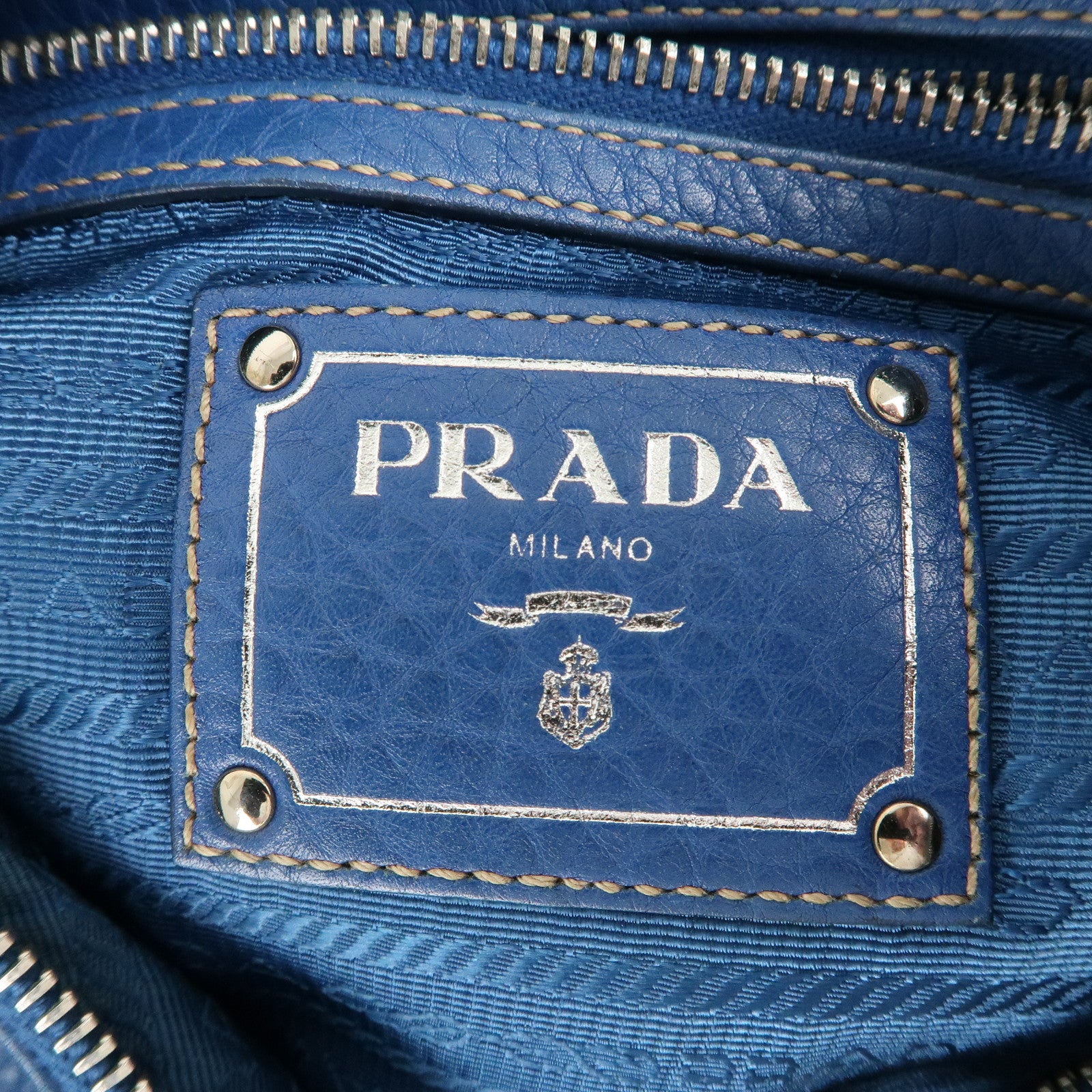 PRADA Logo Leather Shoulder Bag Blue Silver HDW