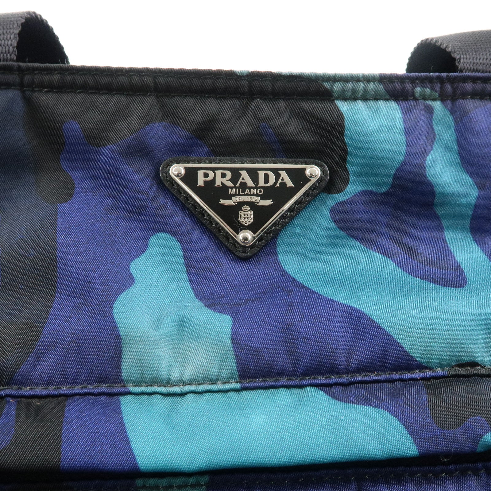 PRADA Logo Nylon Leather Tote Bag Hand Bag Blue Black