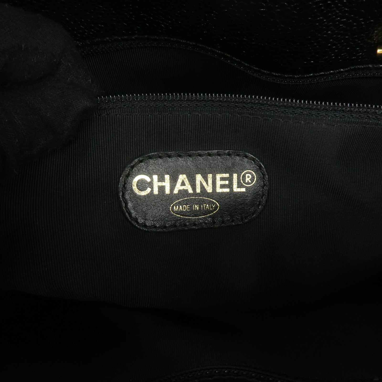 CHANEL Caviar Skin Chain Tote Bag Shoulder Bag Black Gold