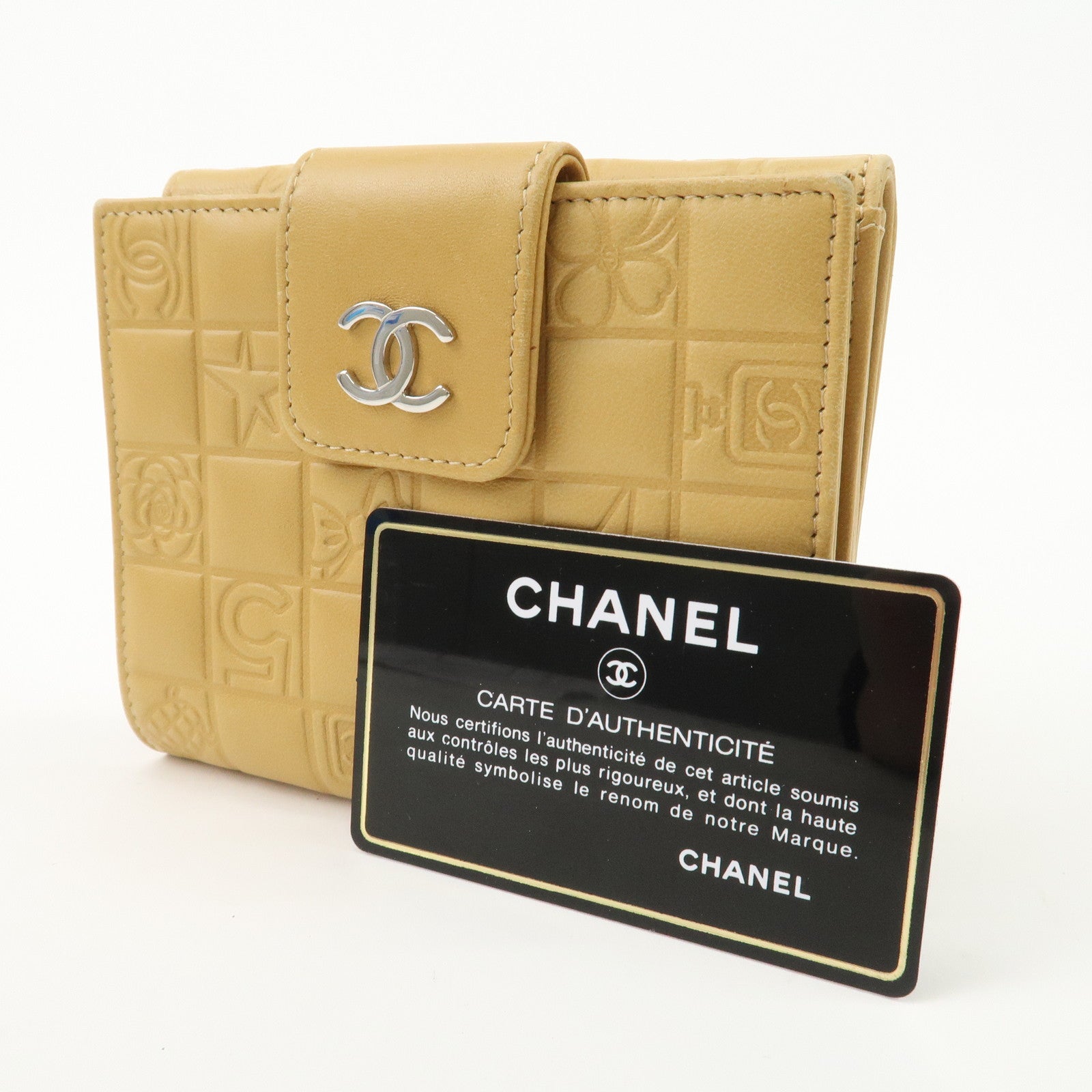 CHANEL Icon Line Lamb Skin W Flap Bi-fold Wallet Beige A24212