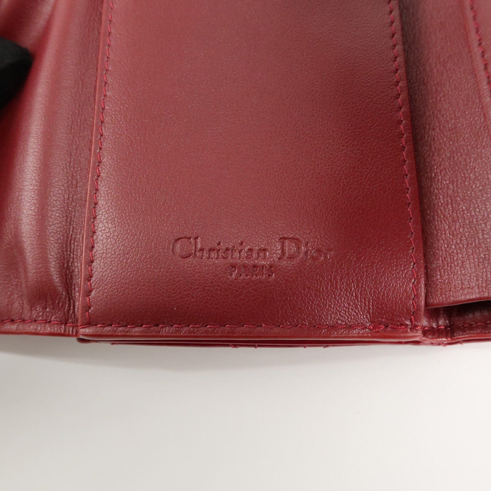 Christian Dior Cannage Lady Dior Leather Lotus Tri fold Wallet Red