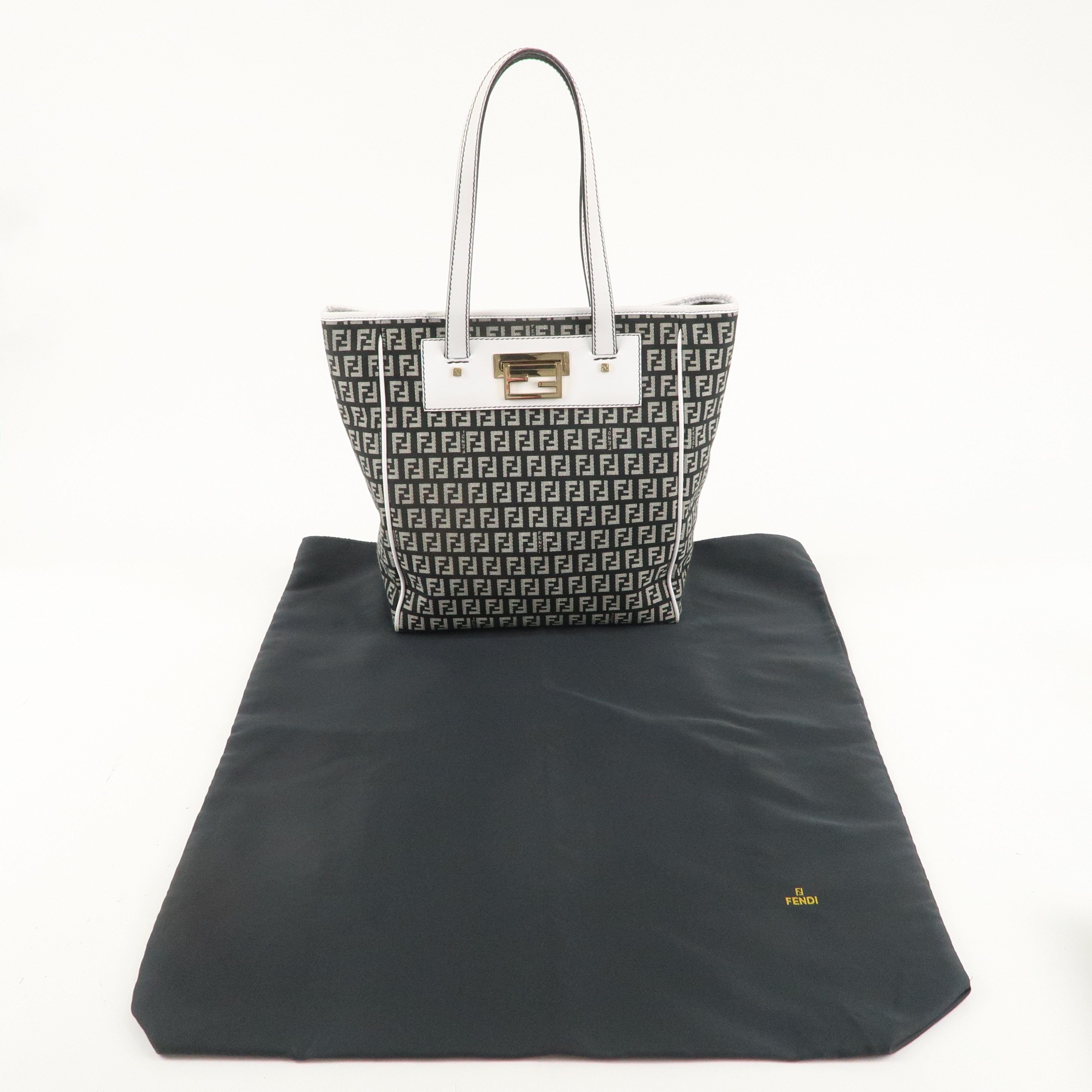 FENDI Zucca Canvas Leather Tote Hand Bag Black White 8BH174