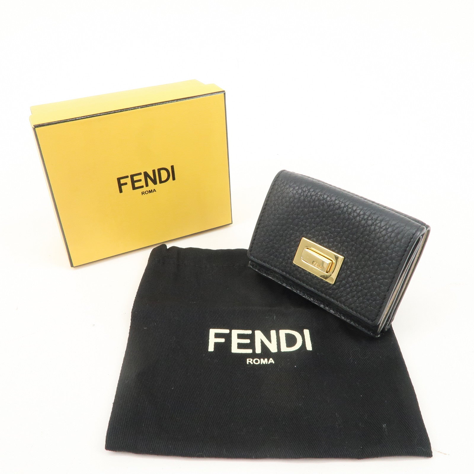 FENDI Leather Peekaboo Micro Wallet Black Gold Hardware 8M0426 Used