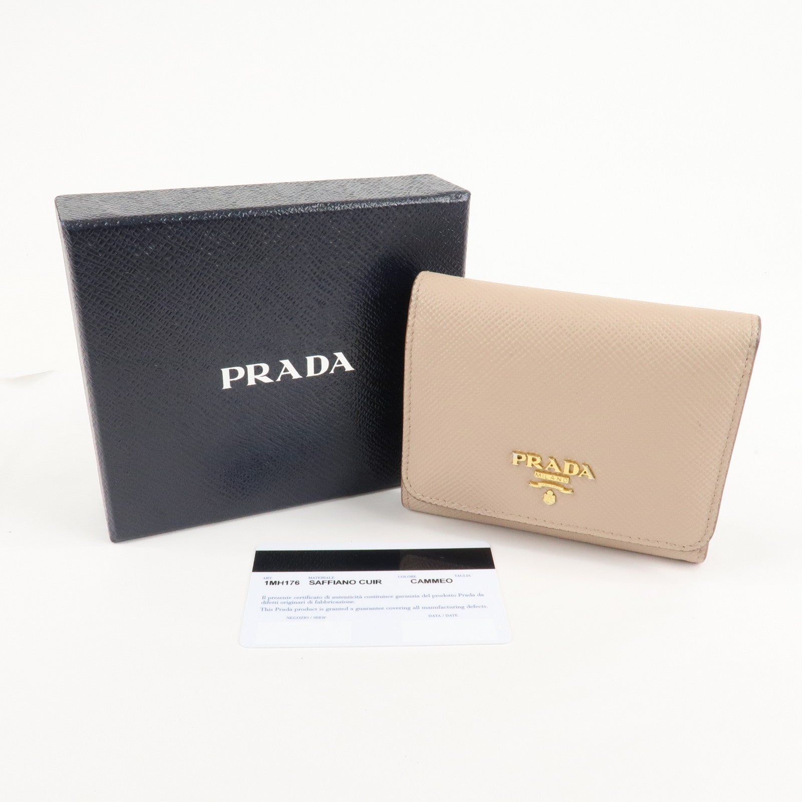 PRADA Saffiano Leather Trifold Compact Wallet Beige 1MH176