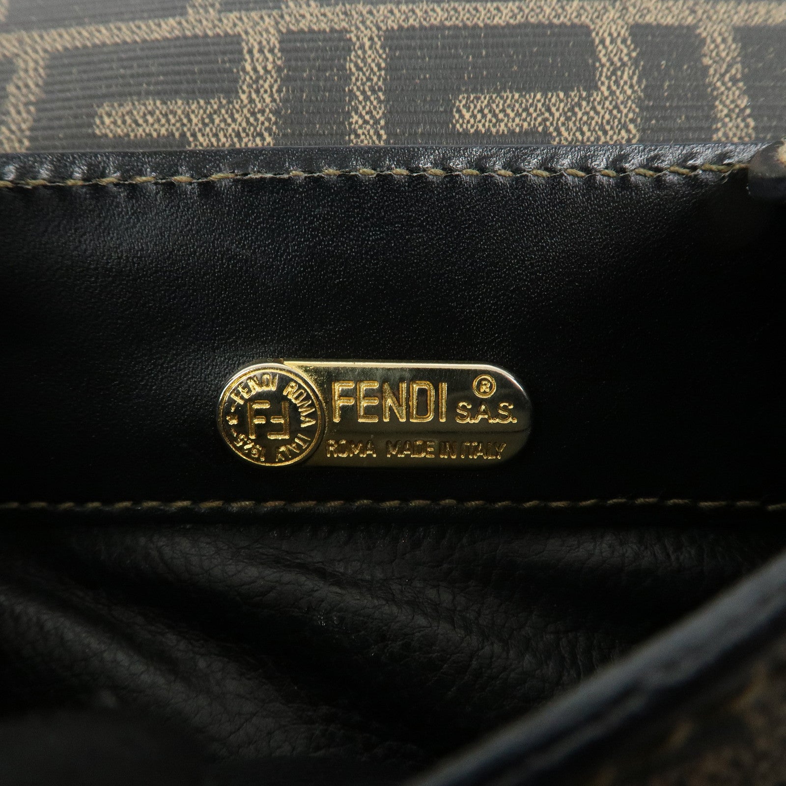 FENDI Zucca Logo Print PVC Leather Shoulder Bag Black Brown