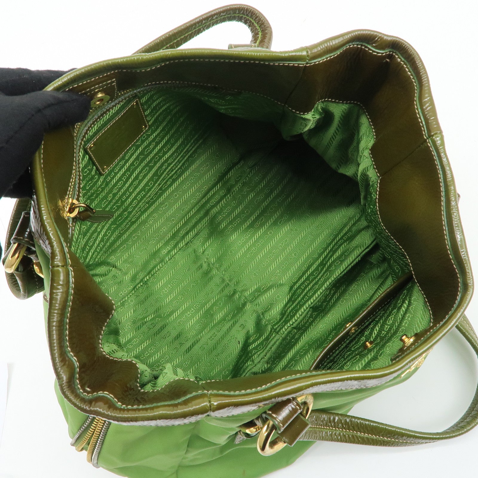 PRADA Nylon Patent Leather Tote Bag Shoulder Bag Green Khaki