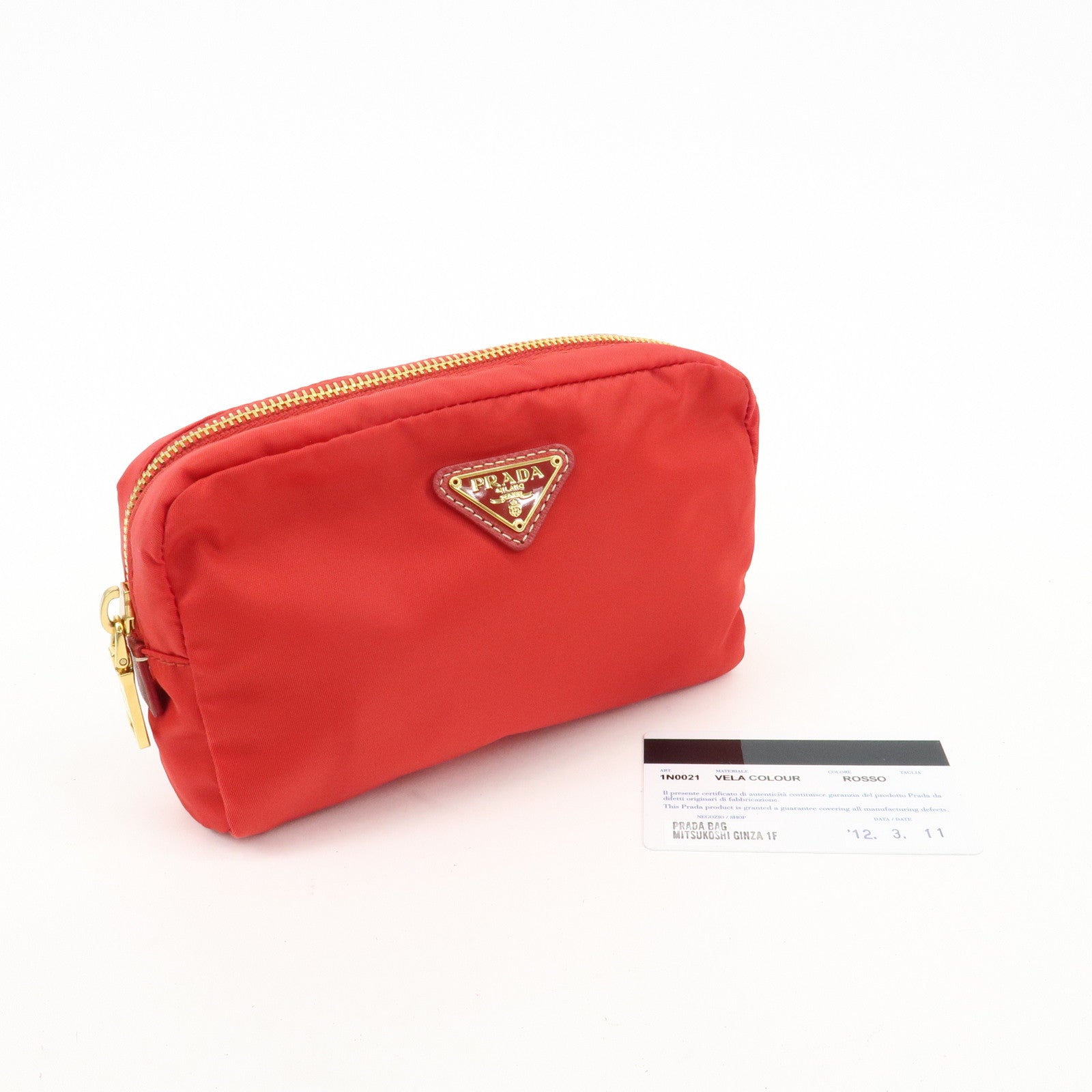 PRADA Nylon Leather Pouch Red Gold Hardware 1N0021