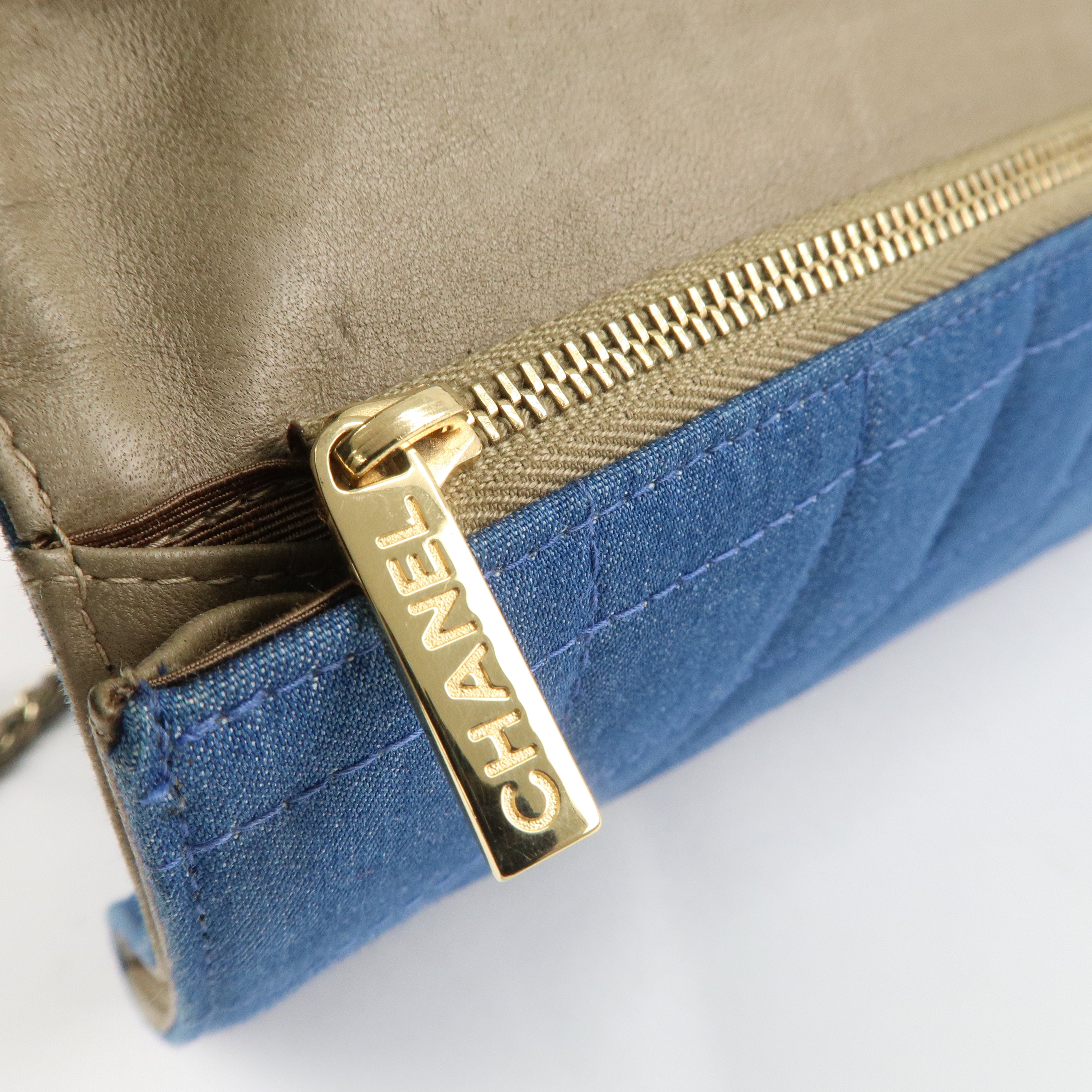 CHANEL Chocolate Bar Denim Leather Chain Wallet Blue