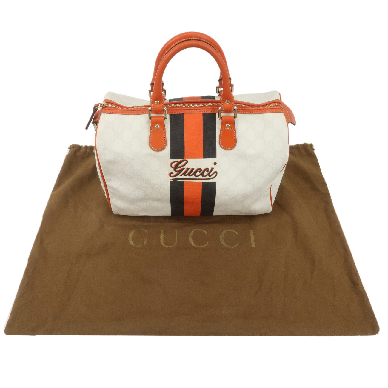 GUCCI Joyline GG Supreme Leather Boston Bag Orange Ivory 189895