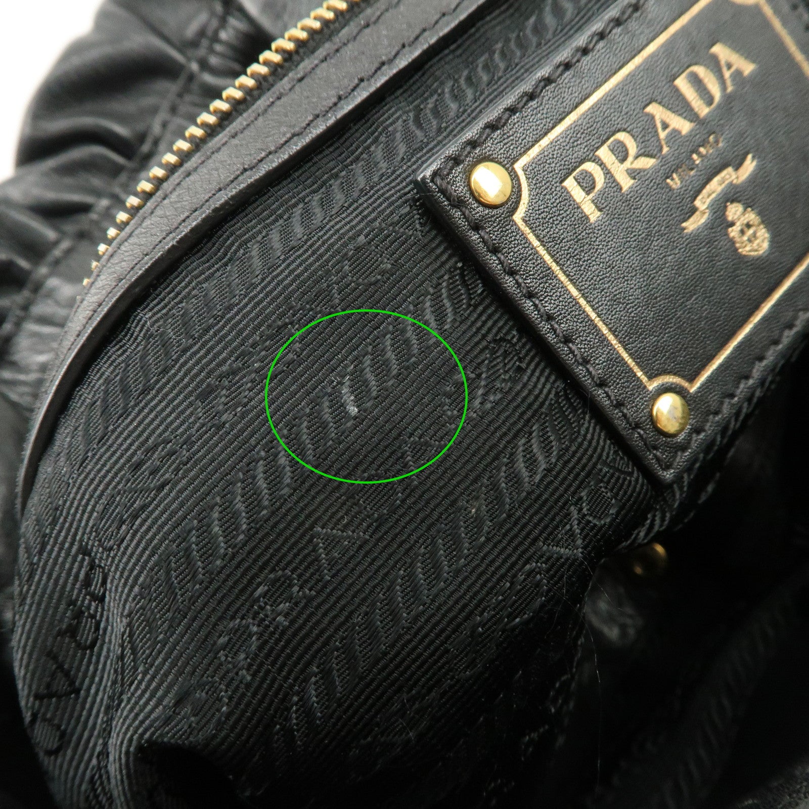 PRADA Logo Leather Gathered Hand Bag Black Gold HDW BR4259 Used