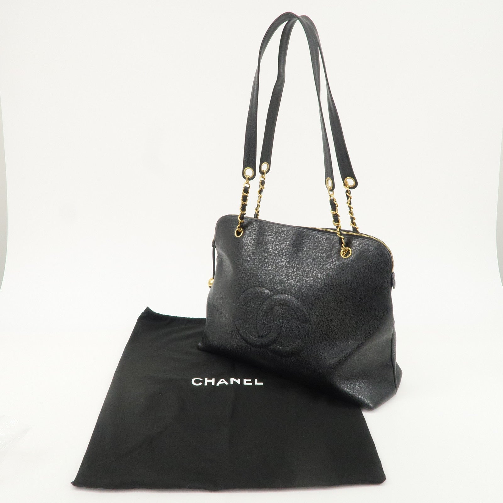 CHANEL Caviar Skin Chain Tote Bag Shoulder Bag Black Used