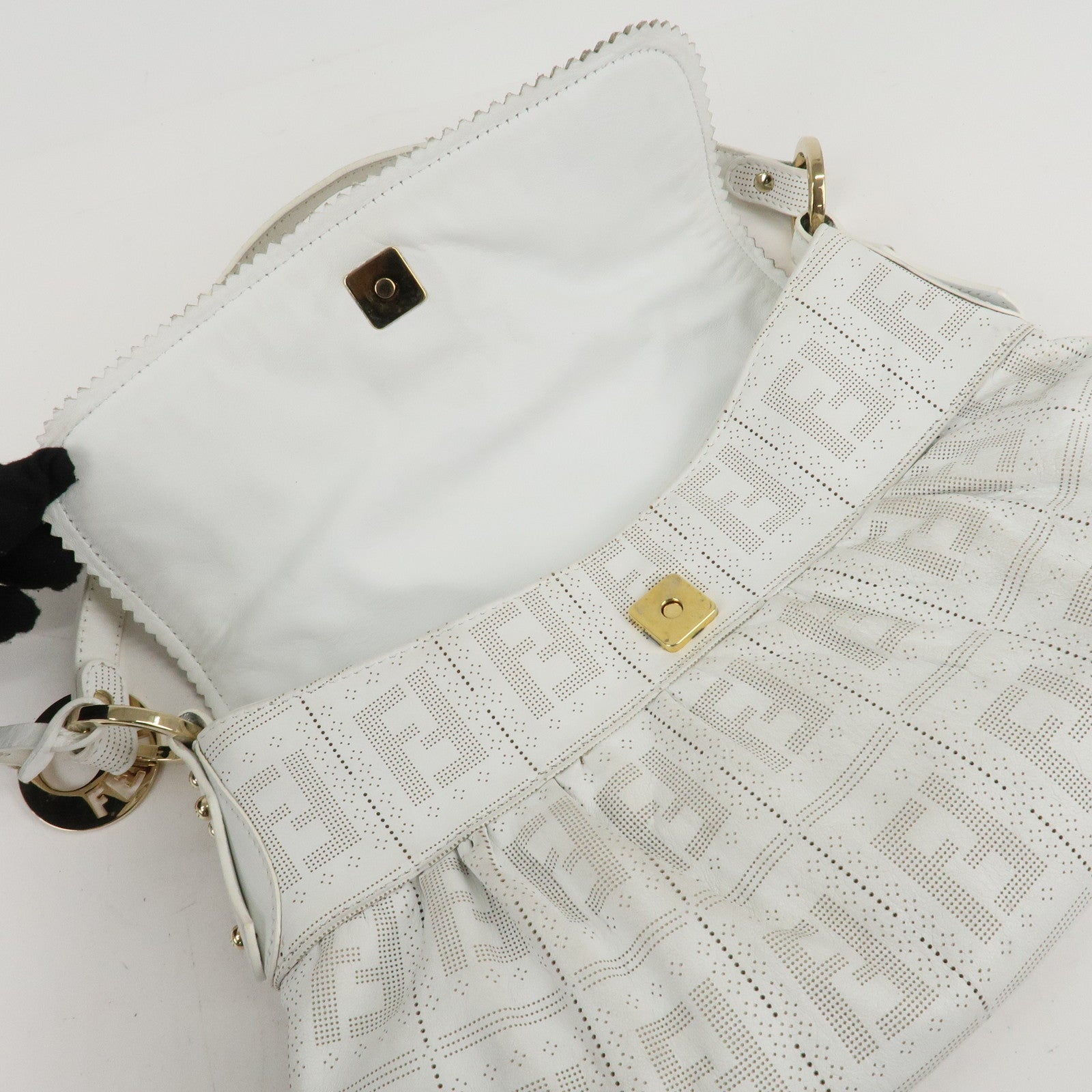 FENDI Zucca Leather Shoulder Bag Hand Bag White 8BR445 Used