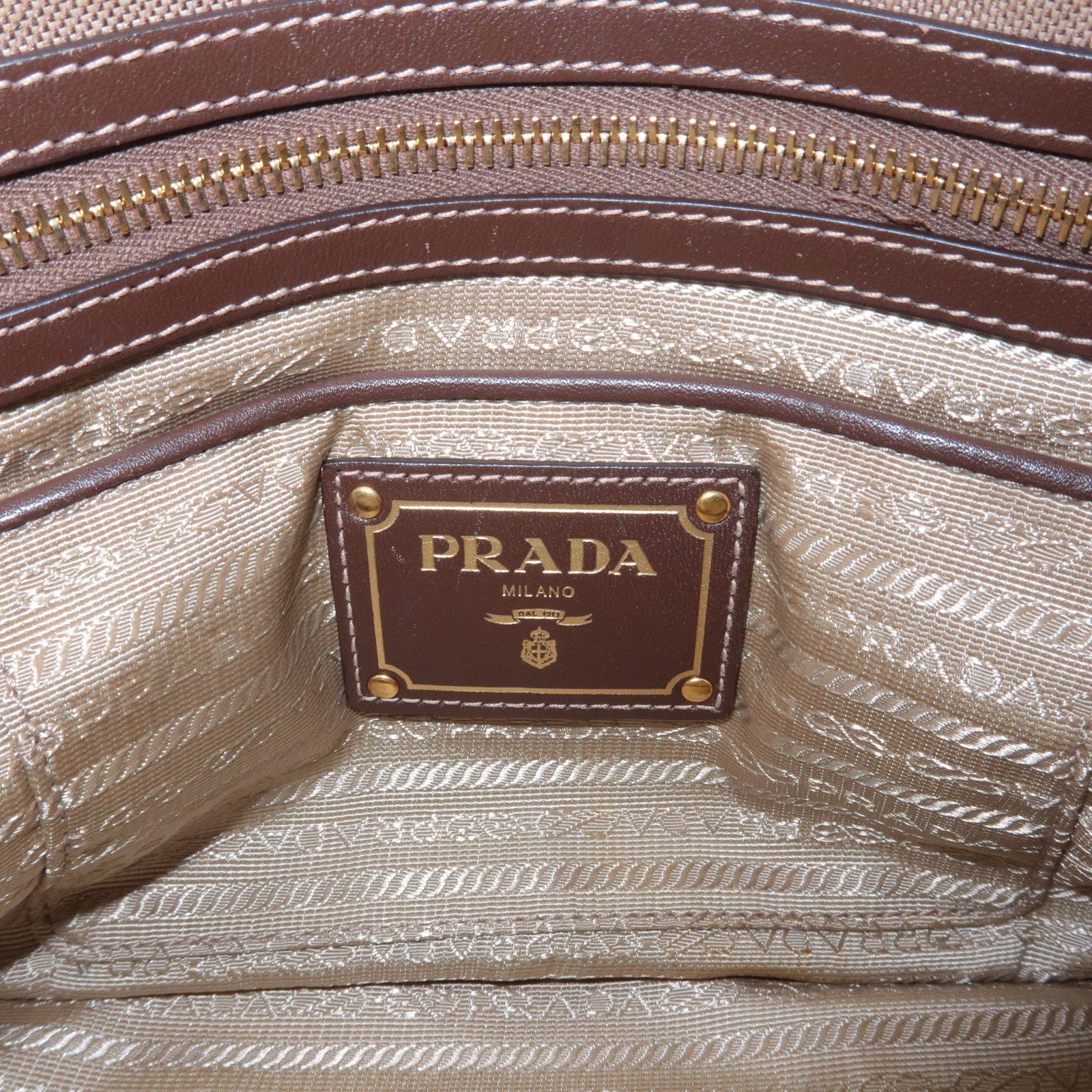 PRADA Logo Jacquard Leather 2Way Bag Hand Bag Beige Brown BN1841