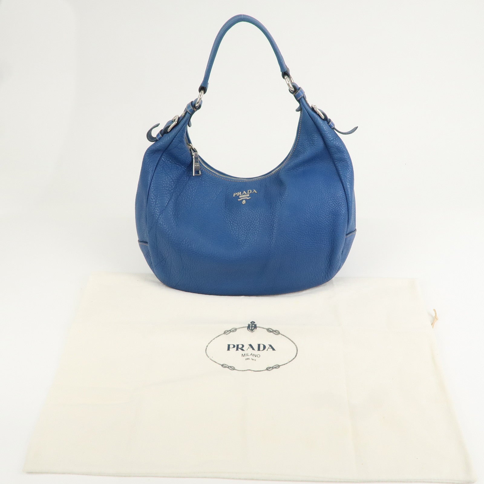 PRADA Logo Leather Shoulder Bag Blue Silver HDW