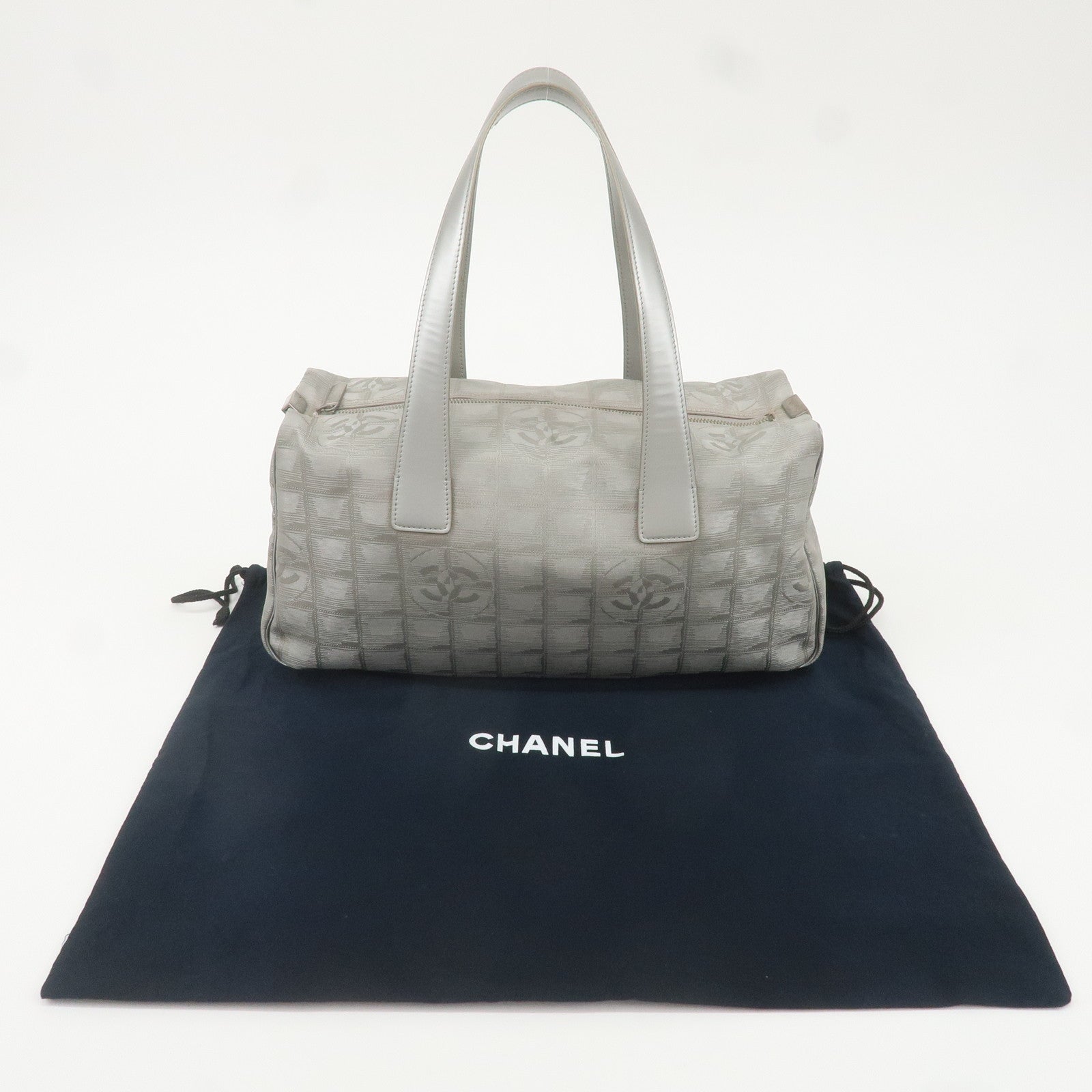 CHANEL New Travel Line Nylon Jacquard Leather Hand Bag Silver