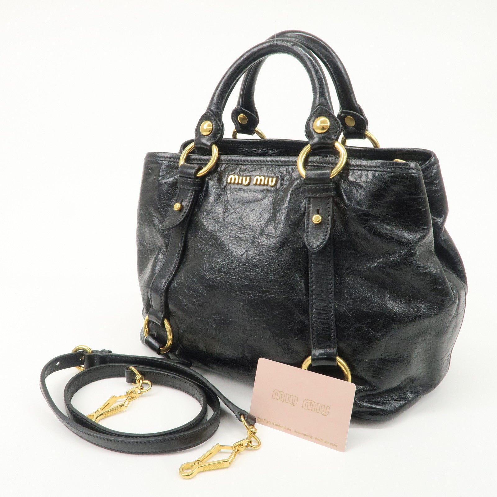 MIU MIU Leather 2Way Bag Hand Bag Shoulder Bag Black RN0685