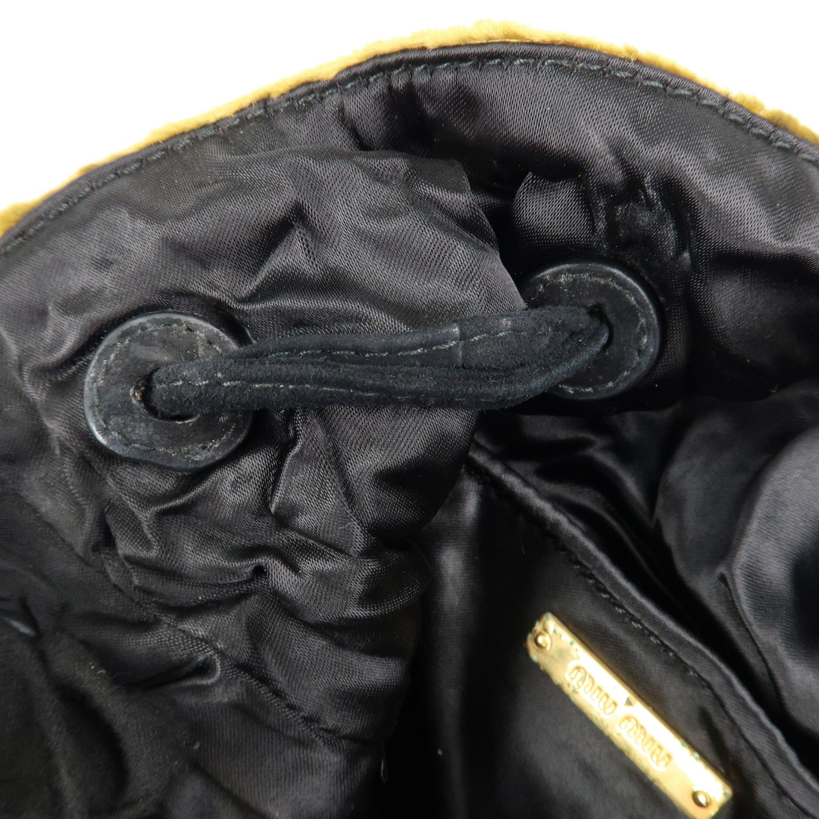 MIU MIU Satin Velour Suede Shoulder Bag Drawstring Bag Gold Black