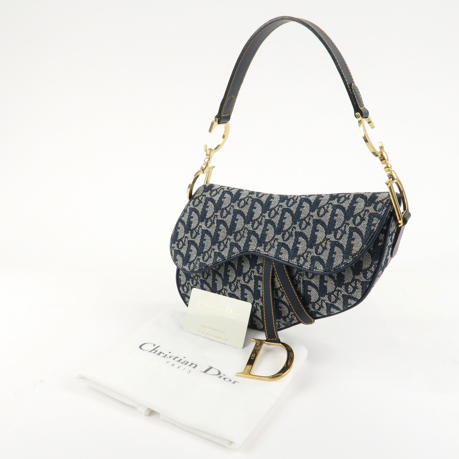 Christian Dior Trotter Jacquard Leather Saddle Shoulder Bag Navy