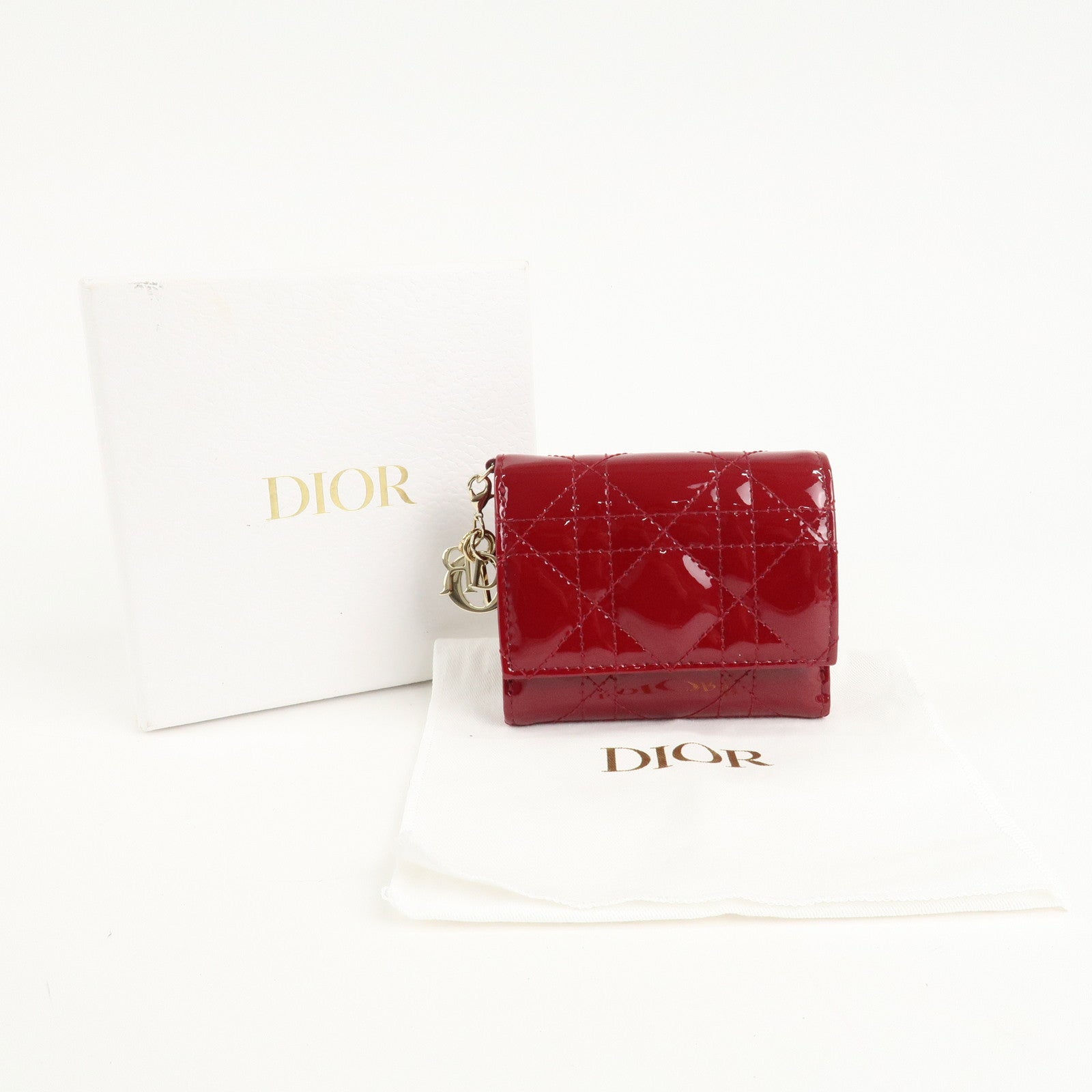 Christian Dior Cannage Lady Dior Leather Lotus Tri fold Wallet Red