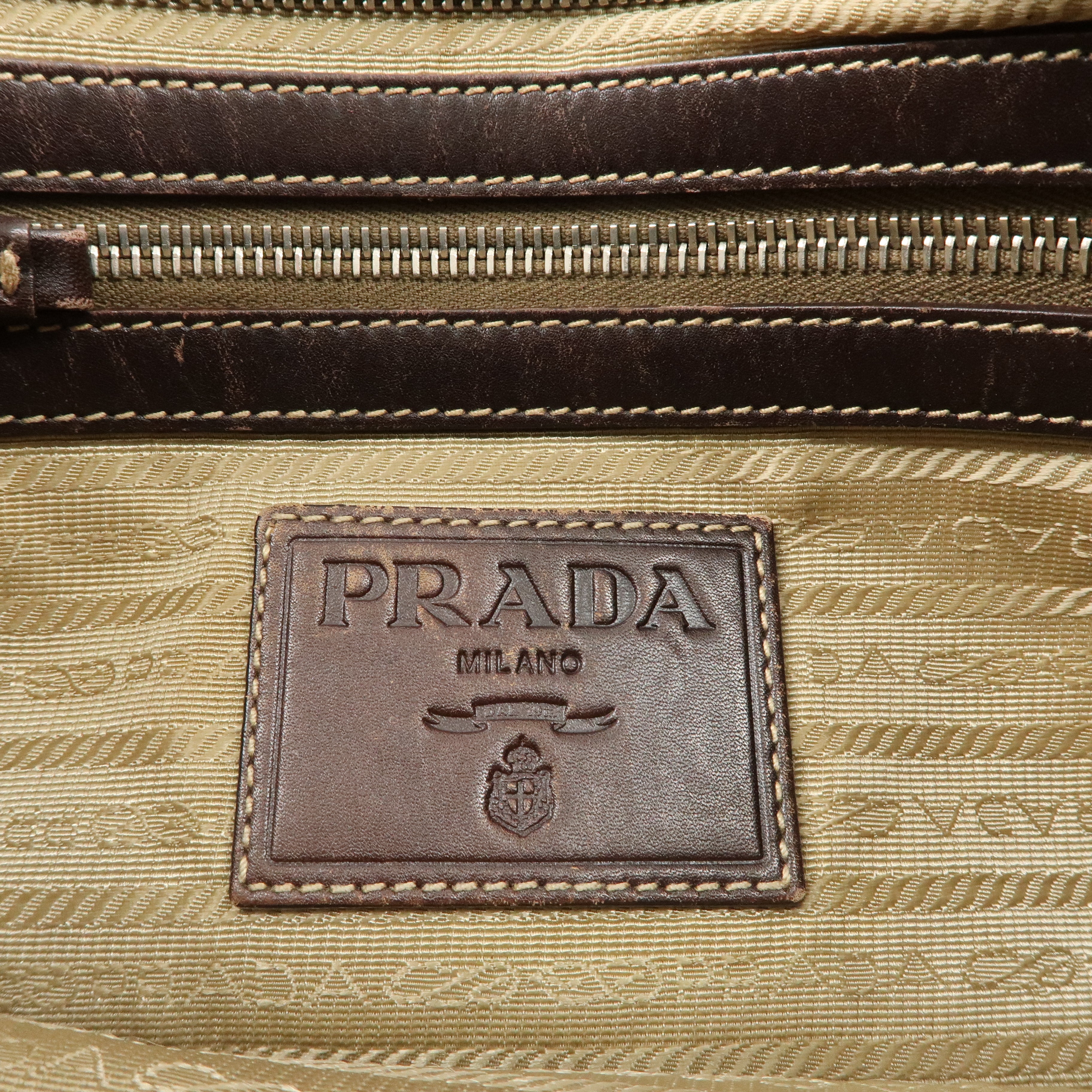 PRADA Logo Jacquard Leather Shoulder Bag Beige Brown BT0537