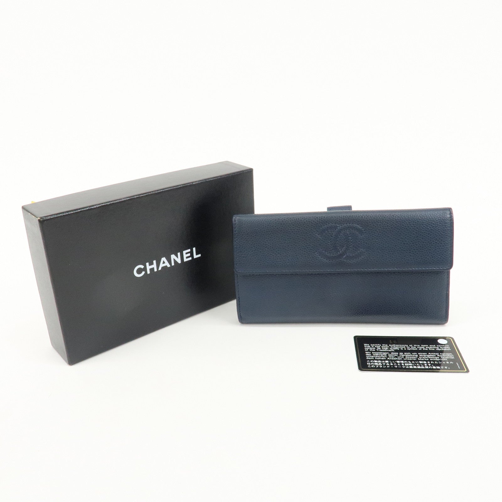 CHANEL Coco Mark Caviar Skin Double Hook Wallet Navy A48649 Used